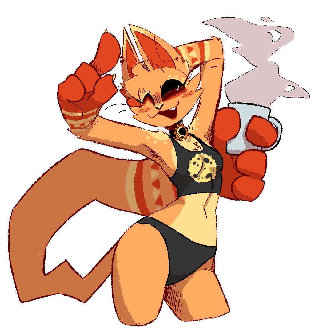 1girls, 2024, 2024s, 2d, 2d (artwork), 2d artwork, angel79080, anthro, anthro female, anthrofied, belly button, black eyes, black panties, black sclera, black shirt, black underwear, breasts, cat, cat ears, cat girl, cat humanoid, cat tail, catfeine (eggritos), catgirl, claws, clothed, clothing, coffee, coffee cup, coffee mug, critters (poppy playtime), dark orange hands, dark orange tail, digital art, digital drawing, digital drawing (artwork), digital media, digital media (artwork), digital painting, digital painting (artwork), domestic cat, ear piercing, eyelashes, felid, feline, felis, female, female anthro, female focus, female only, finger claws, frowning critters, fur, furry, furry female, hand tail, hand up, hi res, holding, holding coffee cup, holding coffee mug, holding object, jewelry, long tail, mammal, mob entertainment, mob games, navel, necklace, no humans, one eye closed, one hand up, open mouth, open smile, orange body, orange fur, orange inner ear, orange tail, panties, pendant, piercing, poppy playtime, poppy playtime (chapter 3), poppy playtime (chapter 4), poppy playtime oc, pupils, shirt, simple background, smile, smiling, smiling at viewer, smiling critters, solar eclipse necklace, solar eclipse pendant, solo, solo female, solo focus, standing, tail, tail hand, thick thighs, thighs, underwear, video games, white background, white eyes, white pupils, wide hips