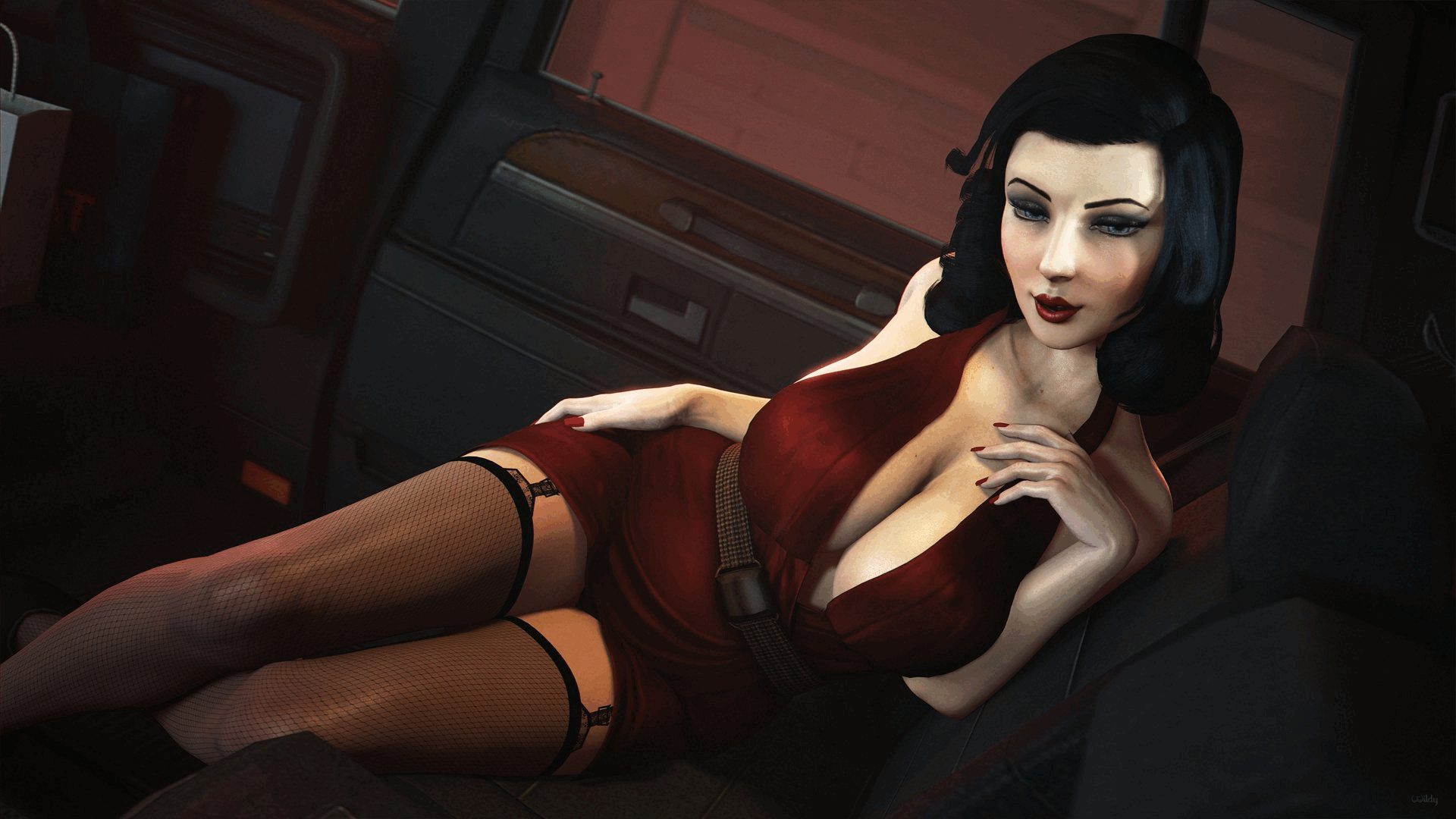 3d, animated, areolae, bare shoulders, big breasts, bioshock, bioshock infinite, black hair, blue eyes, blush, breasts, breasts out, burial at sea, busty, car, car interior, cleavage, dress, dress lift, dressed undressed, elizabeth comstock, elizabeth comstock (burial at sea), eyeliner, eyeshadow, female, female focus, female only, fishnet, fishnet legwear, fishnet stockings, fishnets, flashing, flashing breasts, flashing pussy, garter straps, going commando, hourglass figure, legwear, light skin, light-skinned female, lipstick, long fingernails, long hair, makeup, nail polish, nipples, pale skin, pale-skinned female, pinup, pinup pose, pussy, shaved pussy, short dress, spread legs, tage, tagme, vagina, wide hips, wildynsfw