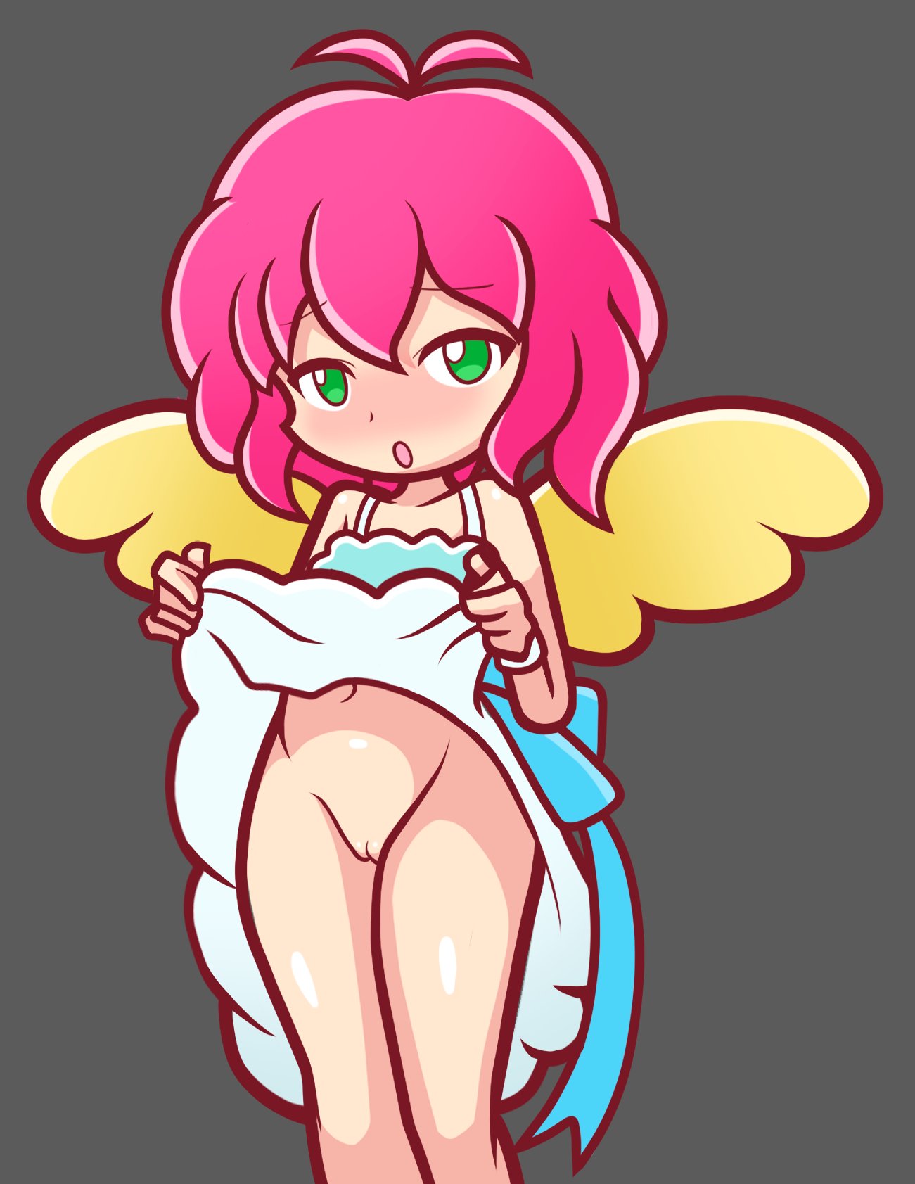 :o, accurate art style, angel, angel wings, artstyle imitation, blush, bottomless, dress, embarrassed, female, furii (artist), green eyes, harpy (puyo puyo), pink hair, pussy, puyo puyo, puyo puyo artstyle, sega, simple background, skirt lift, wings, yellow wings
