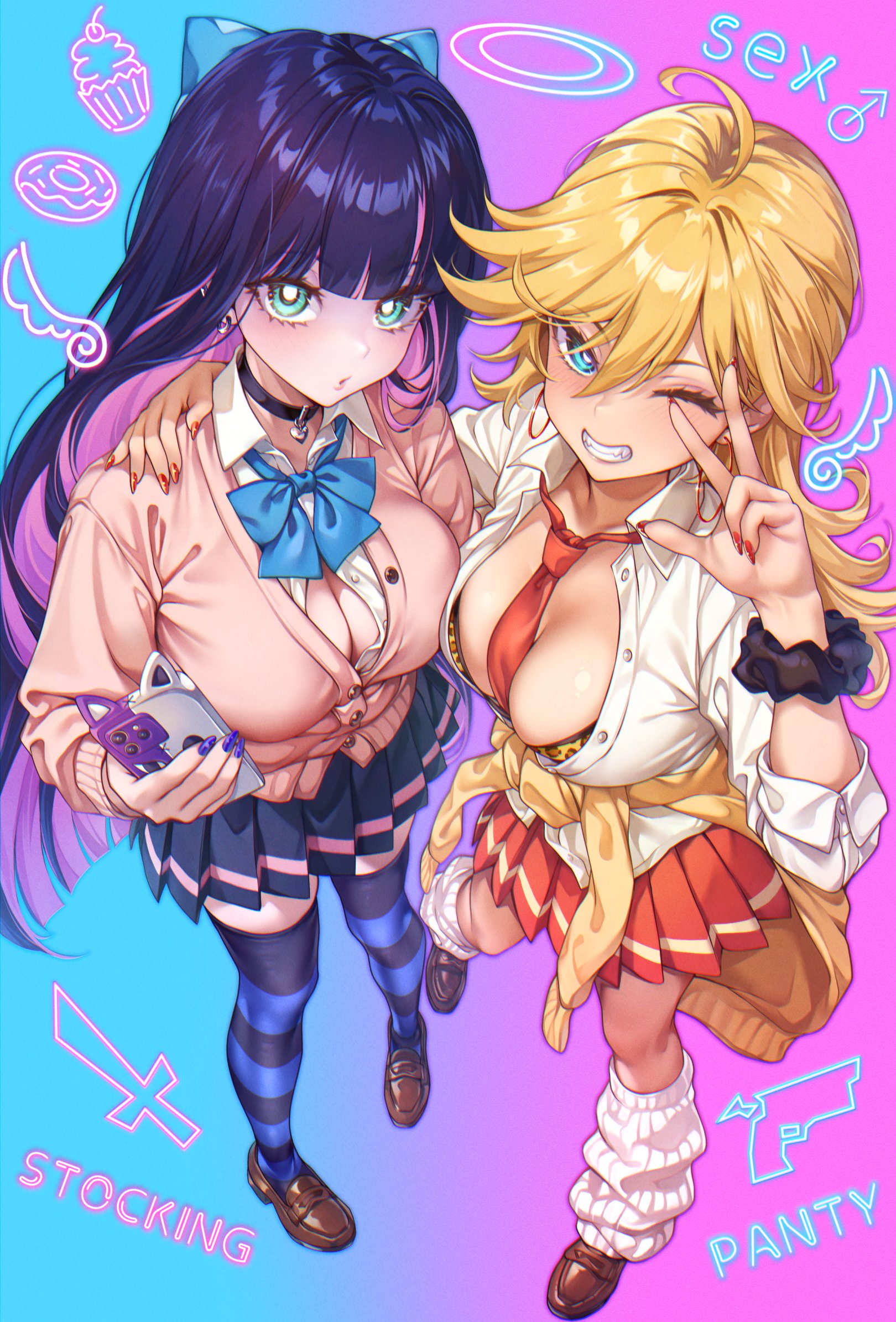;d, 2girls, ahoge, animal print, between breasts, black choker, black hair, black skirt, blonde hair, blue background, blue bow, blue bowtie, blue eyes, bow, bowtie, bra, bra peek, breasts, bright pupils, brown shoes, cardigan, cardigan around waist, cellphone, character name, choker, cleavage, clothes around waist, collared shirt, colored inner hair, colored sclera, commentary request, earrings, female, female only, full body, grin, hairbow, hand on another's shoulder, hand up, heart, heart choker, highres, holding, holding phone, hoop earrings, horizontal-striped thighhighs, jewelry, large breasts, leopard print, leopard print bra, loafers, looking at viewer, loose socks, mars symbol, multicolored hair, multiple females, multiple girls, necktie, necktie between breasts, one eye closed, open mouth, panty (psg), panty & stocking with garterbelt, panty anarchy, parted lips, partially unbuttoned, phone, pink background, pink cardigan, pink hair, purple thighhighs, red nails, red necktie, red skirt, scrunchie, shashaki, shirt, shoes, siblings, sisters, skirt, smartphone, smile, socks, stocking (psg), stocking anarchy, thighhighs, two-tone background, underwear, venus symbol, w, white pupils, white shirt, white socks, wrist scrunchie