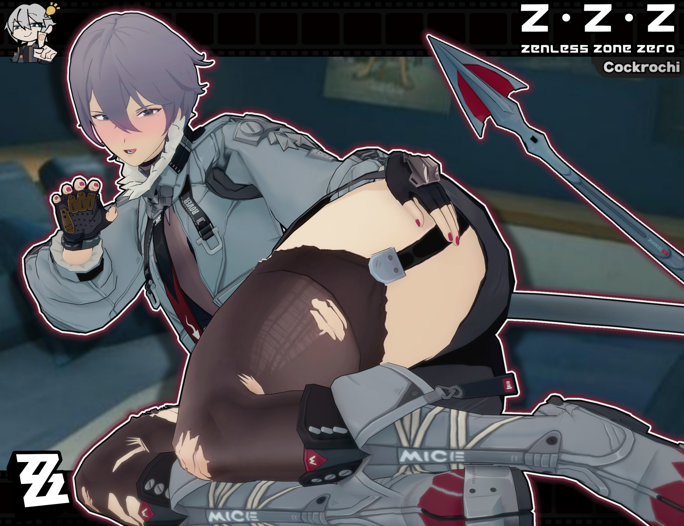 1boy, ass, ass focus, big ass, big thighs, clothed, clothing, cockrochi, crossdressing, crossed legs, femboy, feminine male, fingerless gloves, fully clothed, gay, girly, girly boy, gloves, green eyes, grey hair, hand on ass, heels, hoyoverse, jacket, jane doe (zenless zone zero) (cosplay), laying down, laying on bed, laying on side, leg focus, legs, legs folded, light skin, light-skinned male, male, male only, painted nails, pantyhose, pose, ripped clothing, ripped pantyhose, self upload, solo, solo male, suggestive, thick thighs, thighhighs, thighs, white hair, wise (zenless zone zero), zenless zone zero