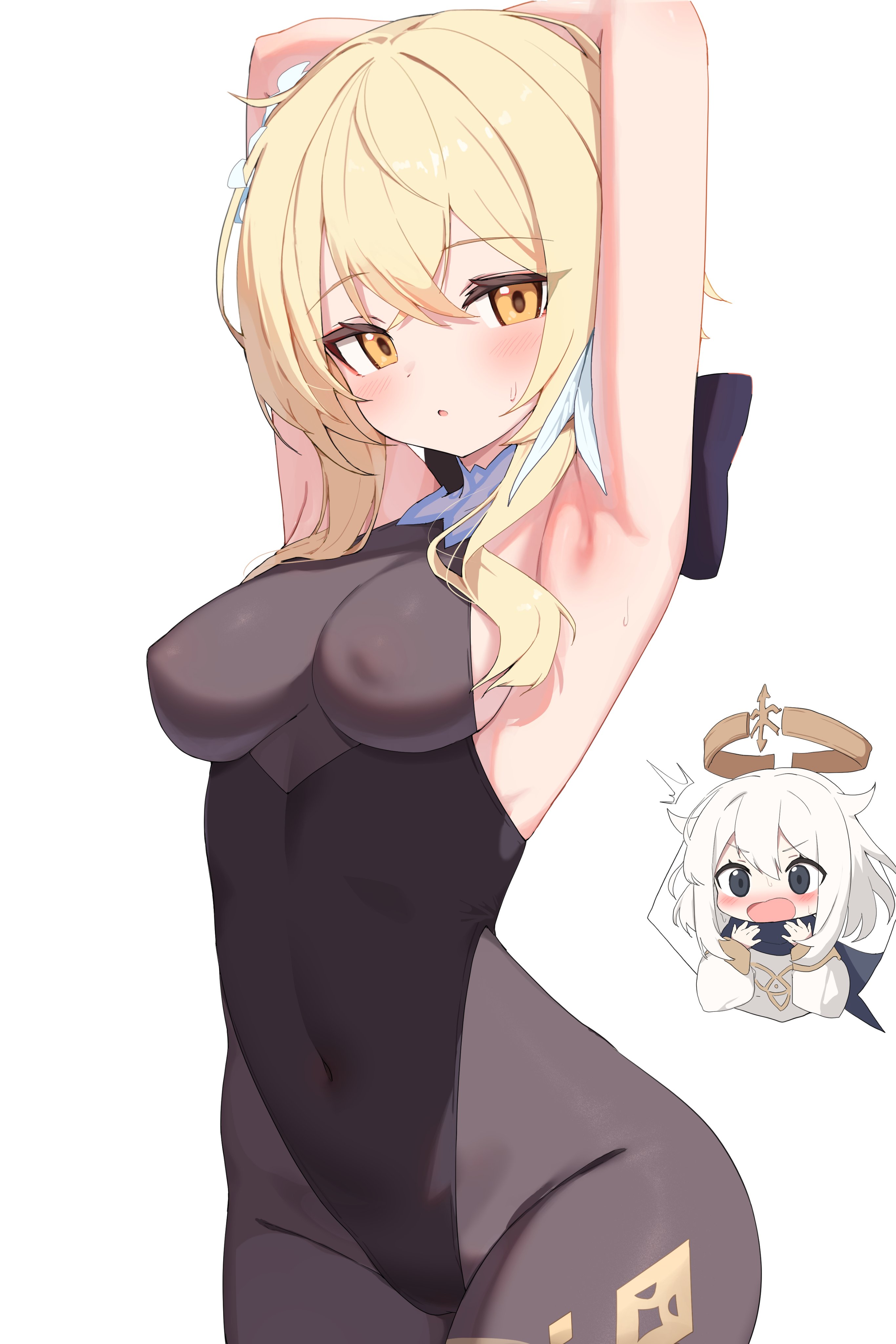 1girls, armpit fetish, armpits, bare shoulders, blonde hair, blush, breasts, female, female focus, female only, genshin impact, high resolution, highres, legwear, leotard, looking at viewer, lumine (genshin impact), medium breasts, nipples, nipples visible through clothing, open mouth, orange eyes, paimon (genshin impact), pantyhose, short hair, solo, standing, sweat, sweatdrop, wak kun, white background, yellow hair