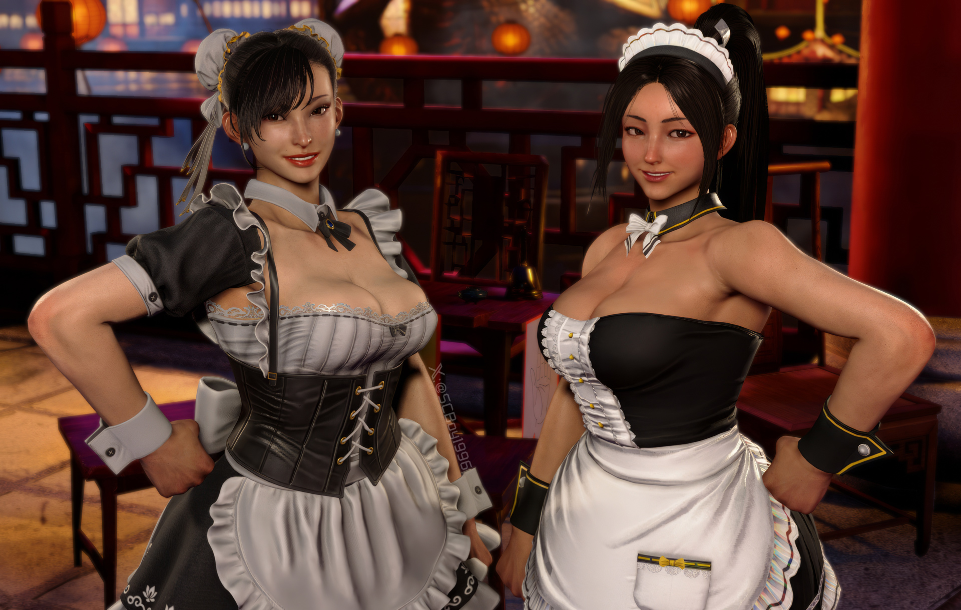 2girls, 3d, asian, asian female, busty, capcom, chinese, chinese female, chun-li, chun-li (street fighter 6), cleavage, fatal fury, female, hourglass figure, japanese, japanese female, mai shiranui, mai shiranui (street fighter 6), maid, maid headdress, maid outfit, maid uniform, makeup, screenshotboy96, snk, street fighter, street fighter 6, wide hips