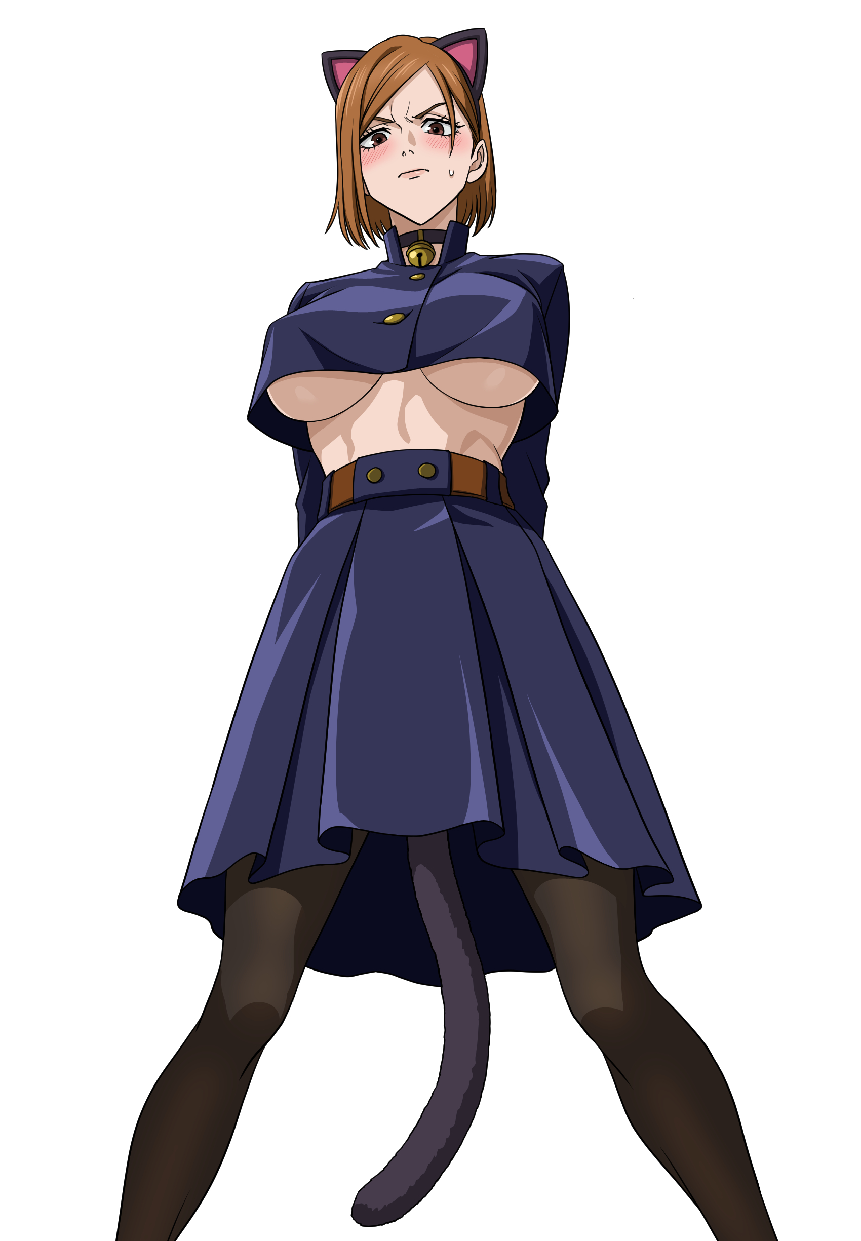 1girls, animal ears, annoyed, arms behind back, bell, black choker, black thighhighs, blazer, blue jacket, blue skirt, blush, breasts, brown eyes, brown hair, brown-haired female, cat ears, cat tail, choker, closed mouth, cropped jacket, embarrassed, eyelashes, fake animal ears, fake tail, feet out of frame, female, female focus, from below, jacket, jingle bell, jujutsu kaisen, kimleon, kugisaki nobara, large breasts, legs apart, long skirt, long sleeves, looking at viewer, looking down, matching hair/eyes, neck bell, short hair, simple background, skirt, solo, standing, tail, thighhighs, toned, toned female, underboob, variant set, white background