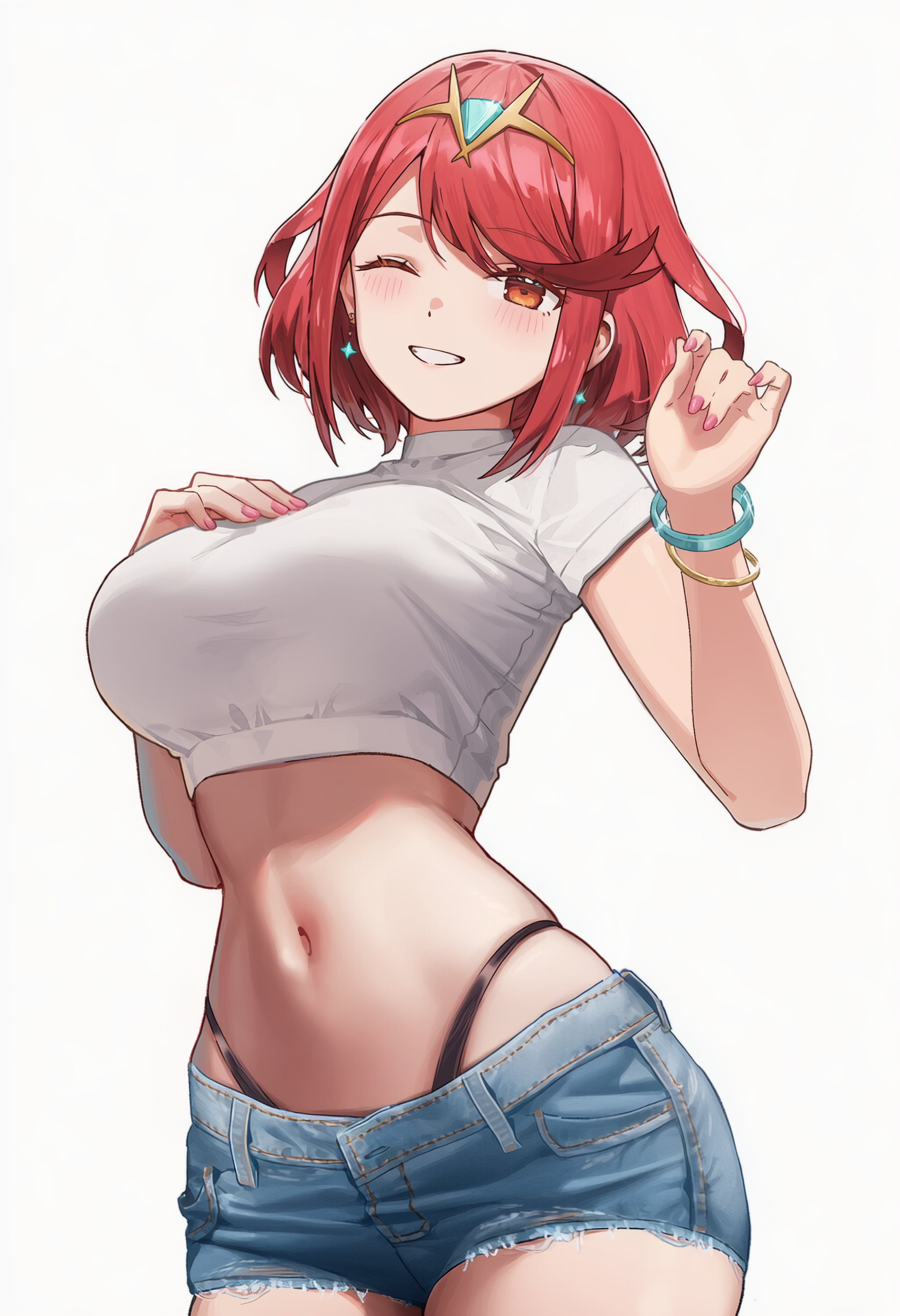 1girls, absurdres, alternate costume, big breasts, black panties, blush, bob cut, bracelet, breasts, crop top, cutoffs, denim, denim shorts, earrings, female, female only, hand on own chest, high-waist panties, highres, jean shorts, jewelry, large breasts, looking at viewer, midriff, navel, one eye closed, panties, petunia lewds, pyra, pyra (xenoblade), red eyes, red hair, shirt, short shorts, shorts, smile, solo, standing, stomach, swept bangs, tiara, underwear, white background, white shirt, xenoblade chronicles (series), xenoblade chronicles 2