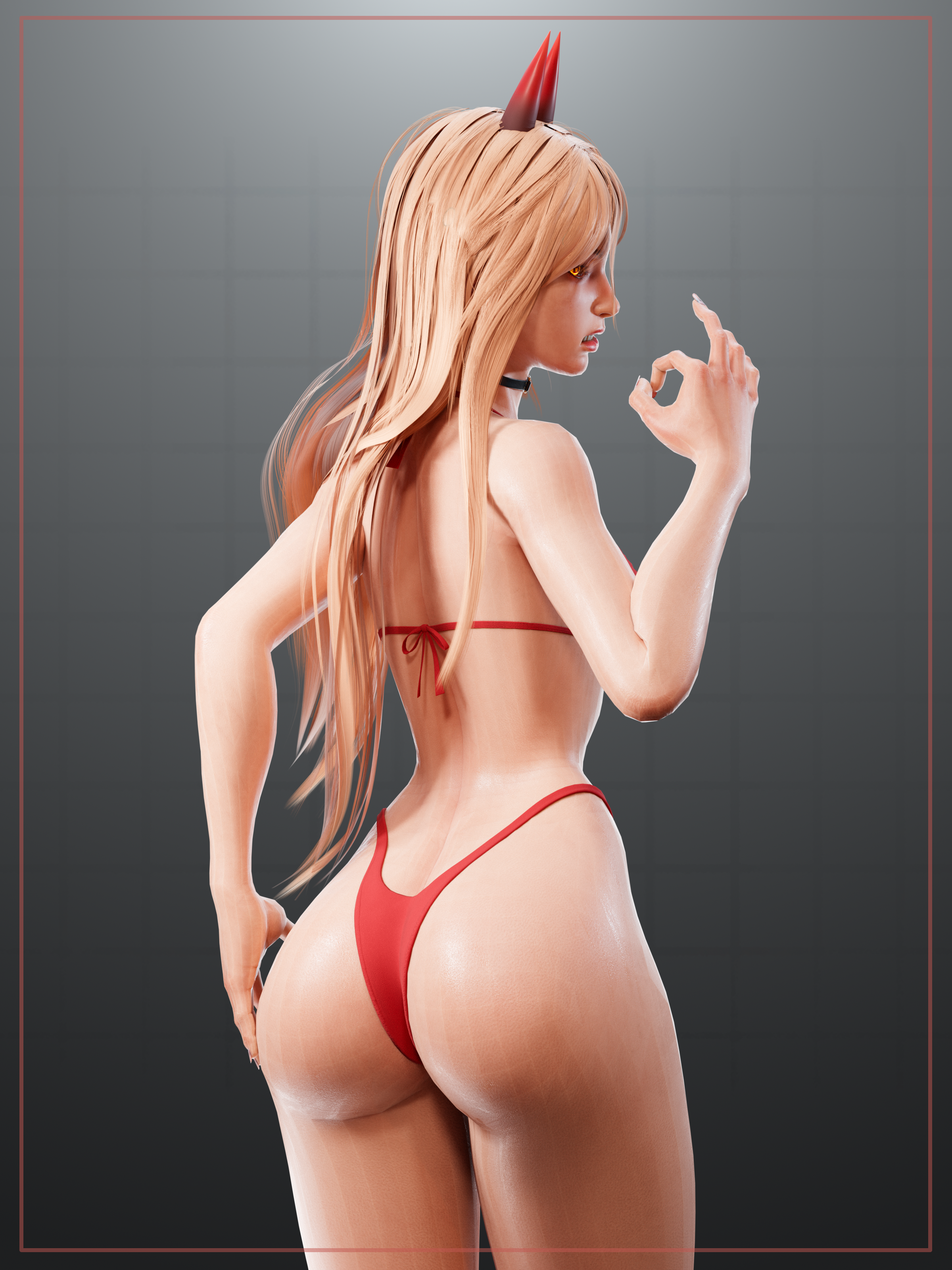 3d, 3d (artwork), 3d model, anime, anime style, ass, ass cleavage, ass focus, bikini, blender, chainsaw man, looking back, power (chainsaw man), r2 studio
