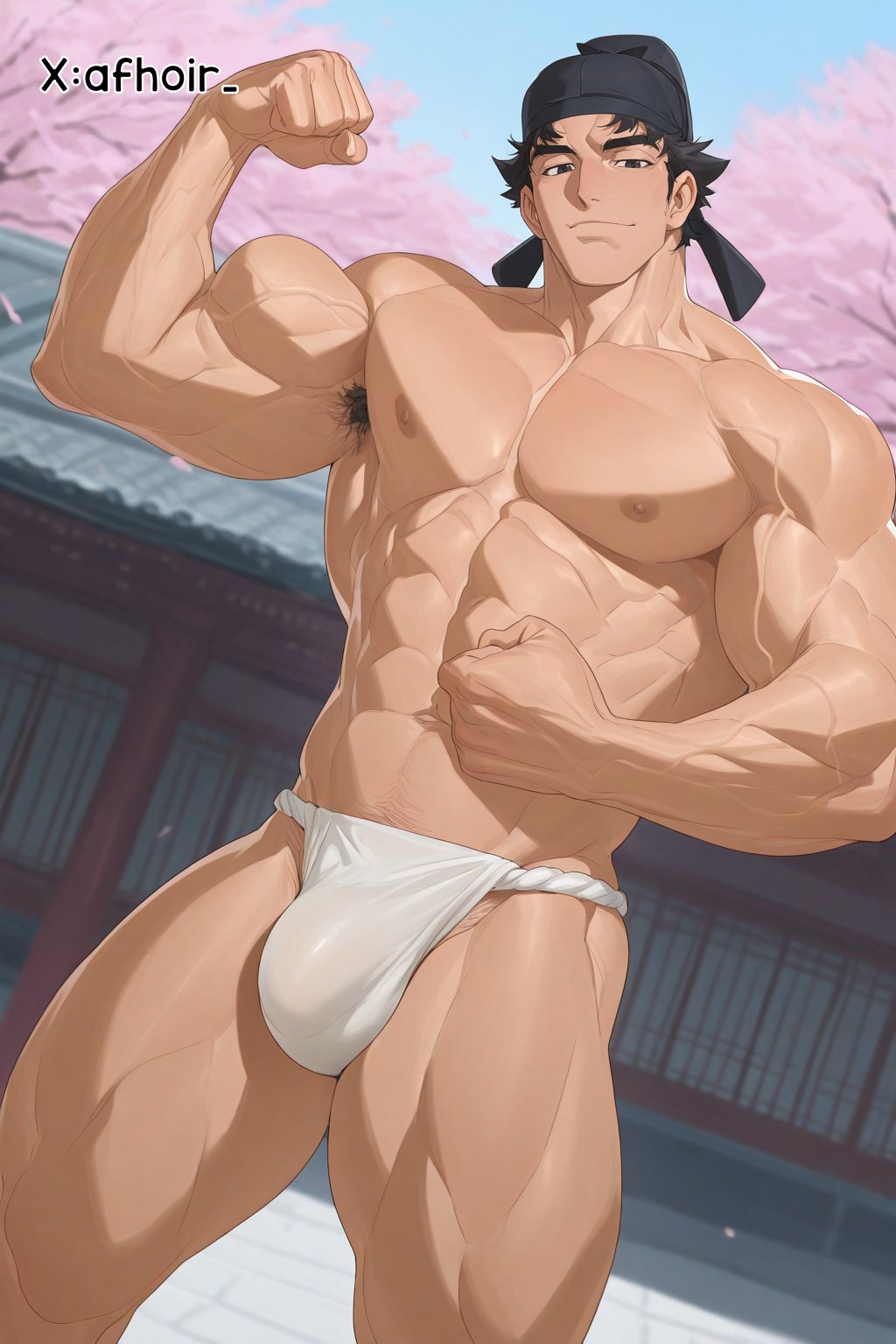 abs, afhoir , ai generated, bara, biceps, big bulge, bulge, kusuriya no hitorigoto, lihaku (kusuriya no hitorigoto), male, male nipples, male only, manly, muscular, muscular male, nipples, pecs, penis, penis outline, yaoi