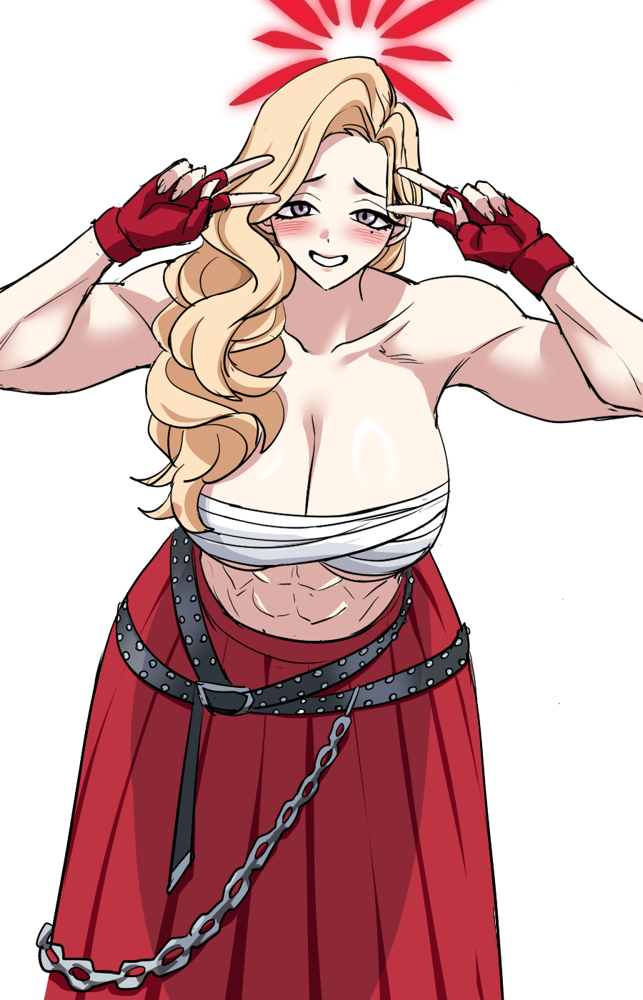 abs, akemi (blue archive), belt, blonde hair, blue archive, blush, breasts, chains, chest sarashi, cleavage, double v, female, fingerless gloves, gloves, grin, halo, highres, kimleon, large breasts, long hair, looking at viewer, mole, mole under eye, muscular, muscular female, red gloves, red skirt, sarashi, simple background, skirt, smile, solo, v, white background