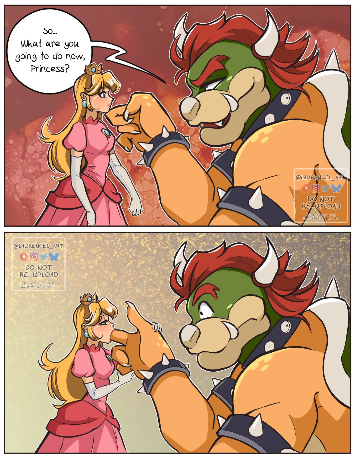 1boy, 1girls, blush, bowser, embarrassed, english text, female, finger claws, finger in mouth, finger sucking, interspecies, laurencel, male, mario (series), monochrome, nintendo, princess peach, sfw, simple background, size difference, smaller female, speech bubble, spoken heart, sucking, sucking finger, super mario bros., teratophilia, text, white background, wholesome