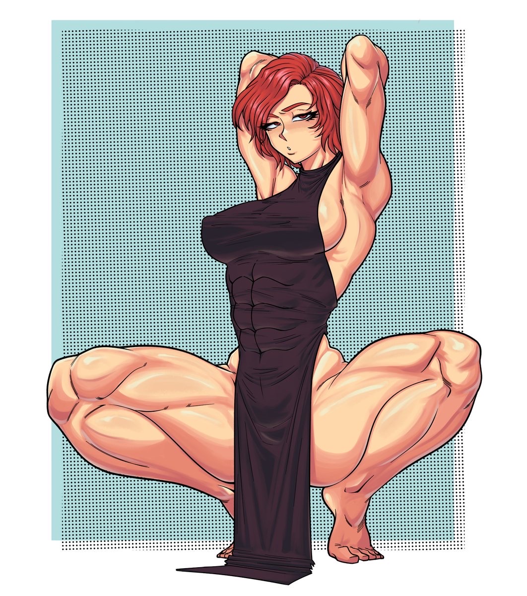 abs, armpits, arms up, backless dress, backless outfit, barefoot, big breasts, black dress, breasts, dress, feet, feet up, female, huge ass, king of fighters, large breasts, looking at viewer, mruve3, muscular, muscular female, nipples, no panties, red eyes, red hair, seductive look, see-through clothes, short hair, sideboob, solo, squatting, thick thighs, thighs, tight clothes, tiptoes, vanessa (kof), wide hips
