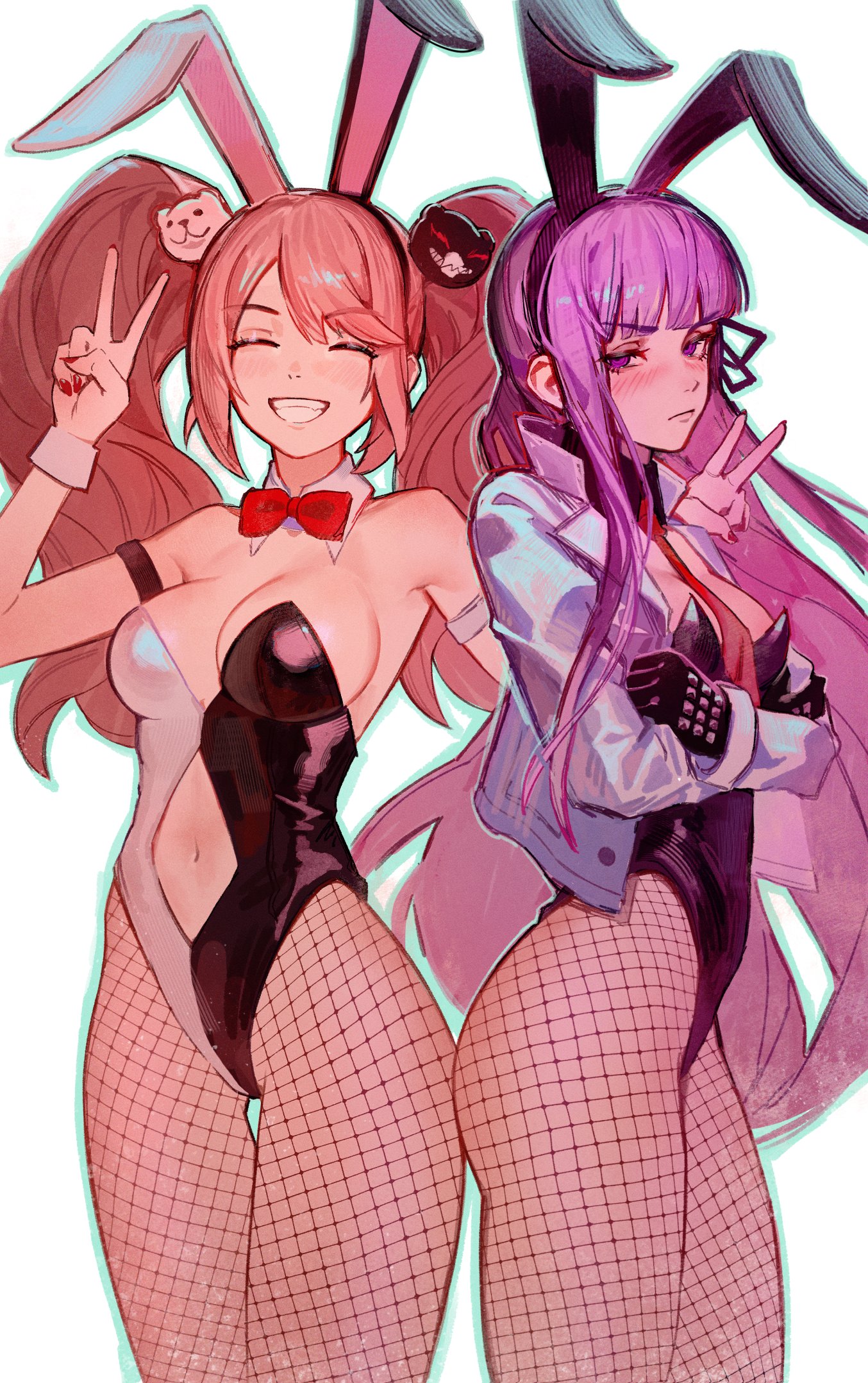 2girls, blonde hair, bow, bow choker, breasts, bunny ears, bunnysuit, choker, cleavage, closed eyes, collar, cuffs, danganronpa, danganronpa (series), danganronpa: trigger happy havoc, dethmaid, enoshima junko, female, female only, fishnets, gloves, highres, kirigiri kyoko, leotard, medium breasts, multicolored leotard, multiple females, multiple girls, necktie, playboy bunny, purple eyes, rabbit ears, ribbon, smile, tagme, twintails, two-tone leotard, v