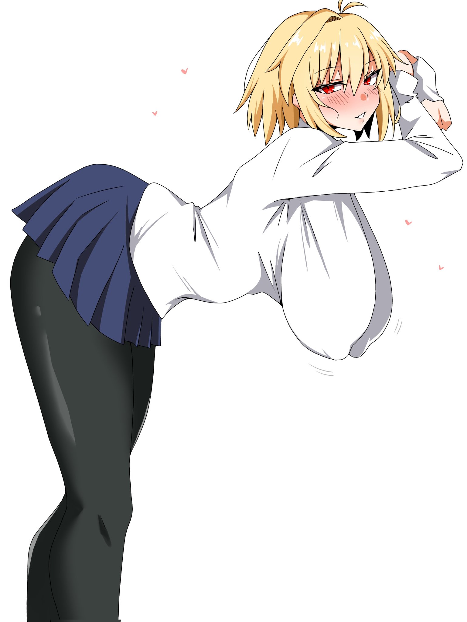 1girls, ahoge, arcueid brunestud, black pantyhose, blonde hair, blue skirt, blush, breasts, breasts bigger than head, female, from side, hair between eyes, hanging breasts, heart, huge breasts, large breasts, long legs, looking at viewer, maz 515, melty blood, miniskirt, nipple bulge, nipples, pantyhose, presenting breasts, short hair, sideboob, skirt, smile, sweater, thighs, top heavy, tsukihime, tsukihime (remake), turtleneck sweater, white sweater