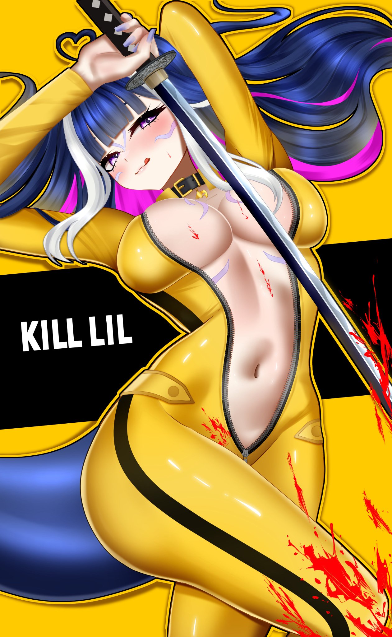 1girls, ahoge, animal ears, artist name, black hair, blood, blood on breasts, blood on clothes, blood on face, blood splatter, blunt bangs, body markings, bodysuit, breasts, bruce lee's jumpsuit, cat ears, cetacean tail, cleavage, cleavage cutout, clothing cutout, colored inner hair, covered navel, facial mark, female, female only, fins, fish tail, full-length zipper, grey nails, heart, heart ahoge, heart-shaped pupils, highres, holding, holding sword, holding weapon, indie virtual youtuber, jumpsuit, katana, kill bill, large breasts, licking blood, licking lips, light skin, light-skinned female, long hair, long sleeves, looking at viewer, multicolored hair, n4hkz, no bra, open mouth, orca girl, partially unzipped, purple eyes, purple hair, shylily, shylily (kill lil), smile, solo, streaked hair, sword, symbol-shaped pupils, tail, tongue, tongue out, very long hair, virtual youtuber, weapon, white hair, yellow jumpsuit, zipper