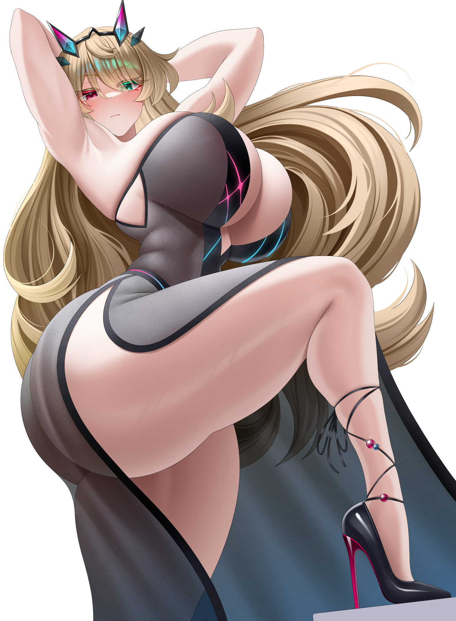 1girls, armpits, arms up, ass, ass in dress, barghest (gawain) (fate), big ass, big breasts, blonde hair, breasts, bubble butt, busty, dress, fat ass, fate (series), fate/grand order, female, female only, hands behind head, heels, huge ass, huge breasts, inner sideboob, large ass, large breasts, leg up, light-skinned female, long hair, looking at viewer, luunamito, png, pose, posing, shoes, solo, thick ass, thick thighs, white background, wide hips