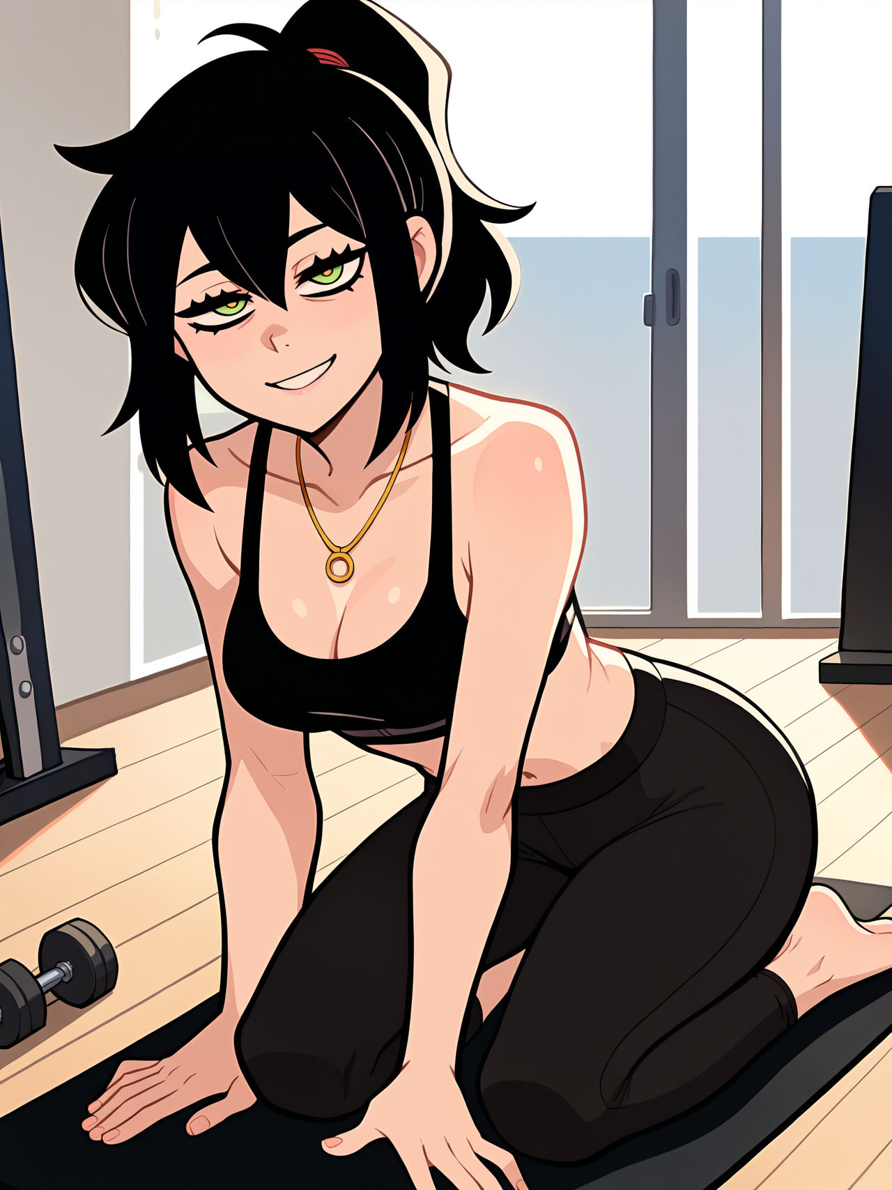 1girls, ai generated, black hair, breasts, female, female focus, female only, goth, goth girl, gothic, gothic girl, green eyes, gym, legs, looking at viewer, mother, neckline, renee graves, smile, smiling, smiling at viewer, the coffin of andy and leyley, train, training, weights