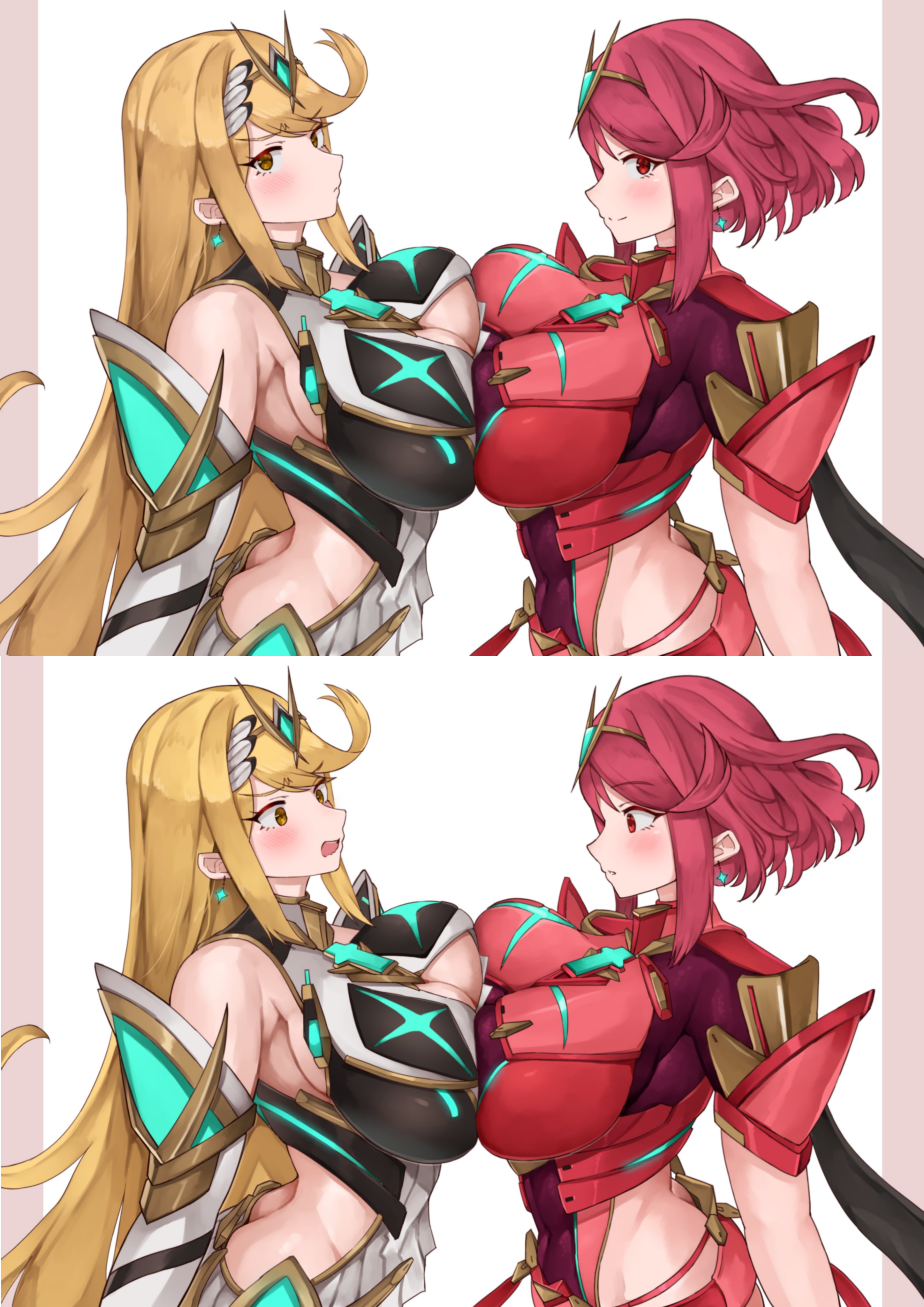 2girls, absurdres, akiman pose, ass, bare shoulders, blonde hair, blush, blushing at viewer, bob cut, breast press, breast window, breasts, butt crack, chest jewel, cleavage, core crystal, earrings, female, female only, highres, hourglass figure, huge breasts, impossible clothes, jewelry, large breasts, long hair, looking at viewer, multiple females, multiple girls, mythra, mythra (xenoblade), oniisan02b, pyra, pyra (xenoblade), red eyes, red hair, shiorino mani (artist), short hair, smile, swept bangs, symmetrical docking, tiara, very long hair, xenoblade (series), xenoblade chronicles 2, yellow eyes, yellow hair, yotsuha uni, yotsuhauni