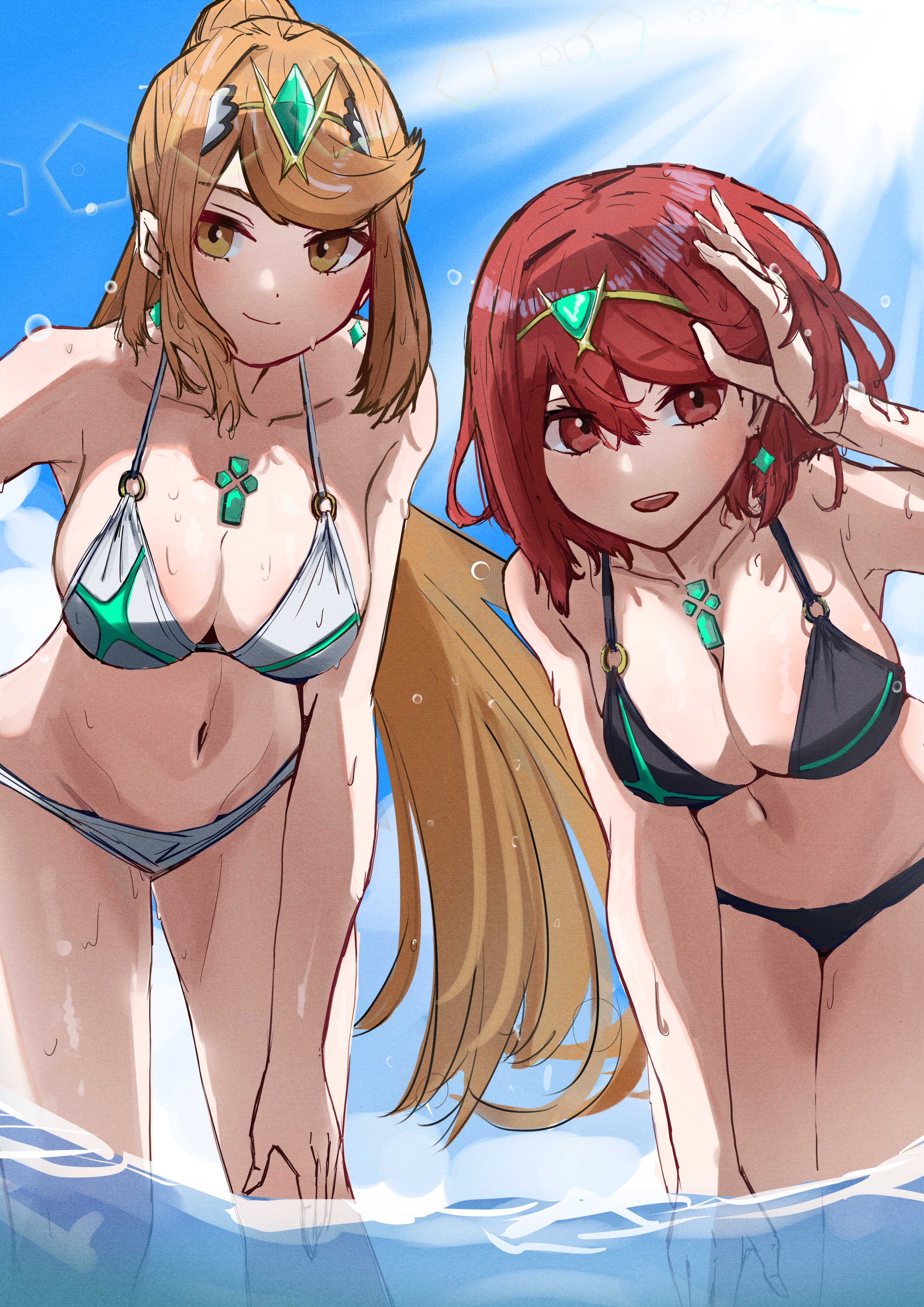 2girls, absurdres, adjusting hair, amausa subee, bare shoulders, bent over, bikini, black bikini, black swimsuit, blonde female, blonde hair, breasts, chest jewel, core crystal, cowboy shot, female, female focus, high ponytail, highres, large breasts, long hair, multiple females, multiple girls, mythra, navel, partially submerged, ponytail, pyra, red eyes, red hair, short hair, sketch, swimsuit, tiara, water, wet, white bikini, white swimsuit, xenoblade (series), xenoblade chronicles 2, yellow eyes