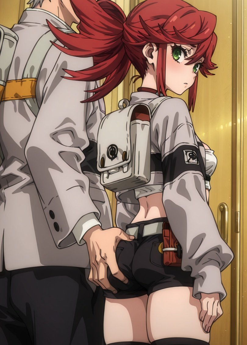 1boy, 1girls, ai generated, ass grab, clothed, clothing, female, gachiakuta, looking back, male, riyou reaper