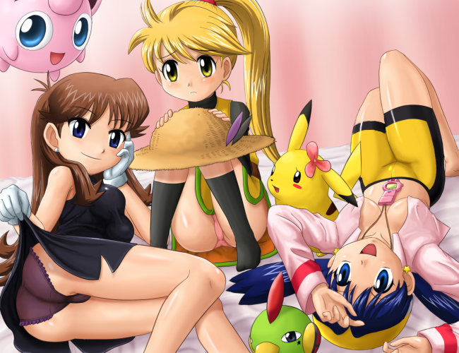 :o ass bed bent_over bike_shorts black_panties blue_(pokémon) blush cameltoe crystal_(pokemon) dress dress_lift erect_nipples gloves green_(pokemon) hat hiding human human_only kris_(pokemon) natu nintendo no_bra open_clothes open_shirt panties pikachu pink_panties pokemoa pokemon pokemon_(manga) pokemon_adventures pokemon_gsc pokemon_rgby purin purin_(pokemon) see-through sexually_suggestive shirt smile yellow_(pokemon)