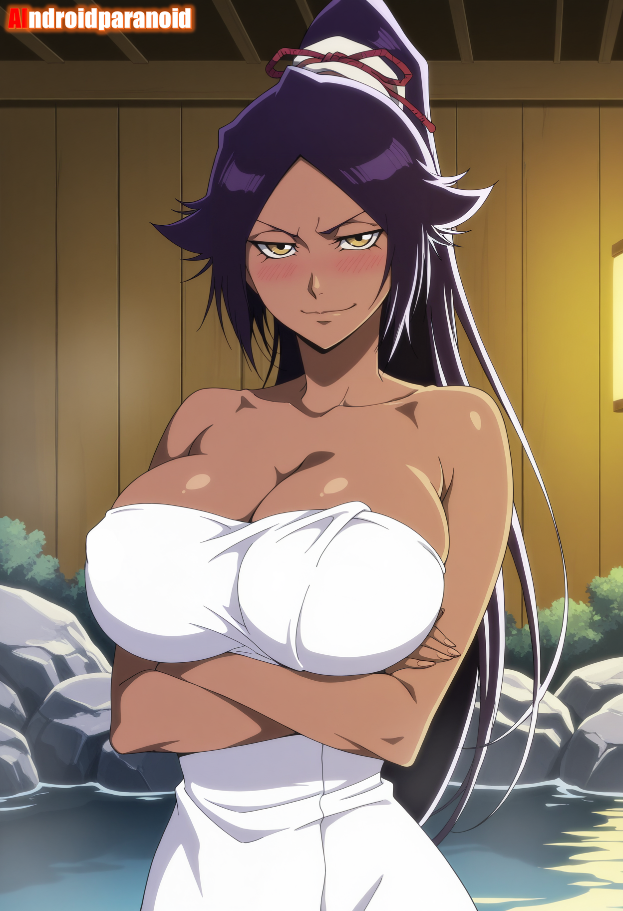 1girls, ai generated, aindroidparanoid, ass, big ass, big breasts, big butt, bleach, bleach: the thousand-year blood war, breasts, busty, curvy, cute, dark skin, fat ass, female, female only, hair, hi res, hips, huge ass, huge breasts, human, large ass, large breasts, legs, narrow waist, onsen, shihouin yoruichi, slim waist, tagme, thick ass, thick thighs, towel, voluptuous, waist, wide hips
