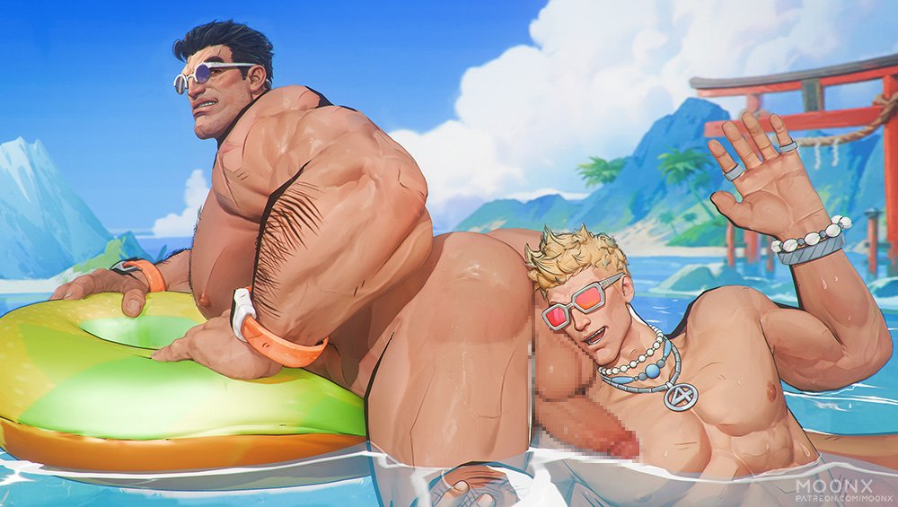 2boys, 3d, anus, arm up, ass, ass bigger than head, ass focus, ass worship, asshole, balls, balls on face, bara, bara ass, bara tits, beach, biceps, big balls, big penis, black hair, blender, blonde hair, bracelet, breasts, deltoids, fantastic four, flotation device, gay, hair, hairy arms, hairy chest, head on ass, huge ass, human torch, human torch (marvel rivals), human torch (sunny sizzler), in water, johnny storm, looking at ass, looking pleasured, male, male only, marvel, marvel comics, marvel rivals, mo0nx, naked, necklace, nipples, nude male, ocean, ocean background, palm tree, pecs, penis, punisher (aqua arsenal), punisher (francis castle), punisher (marvel comics), punisher (marvel rivals), small dom big sub, sunglasses, triceps, water, yaoi