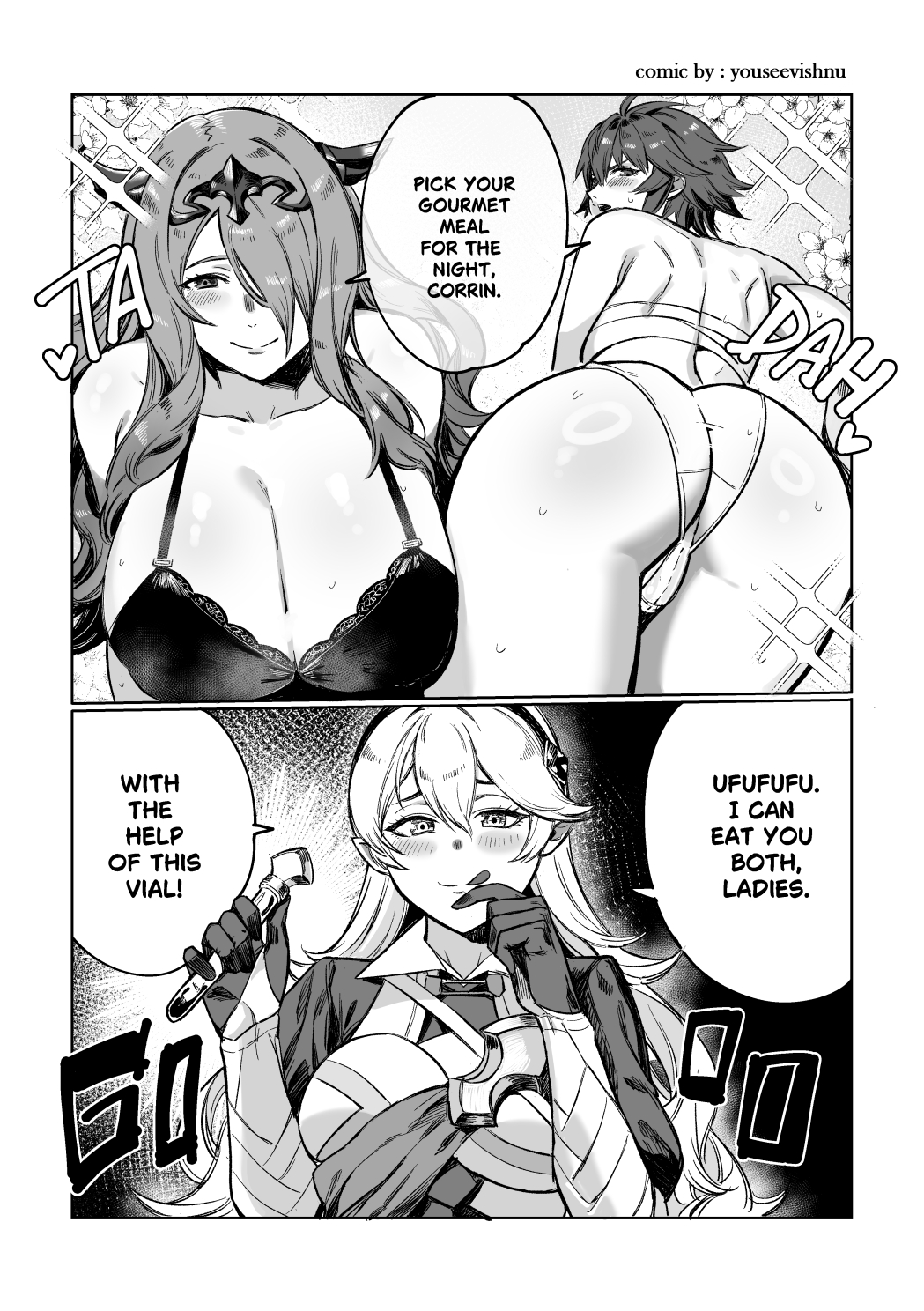1futa, 2girls, ass, camilla (fire emblem), cleavage, comic, corrin (fire emblem), corrin (fire emblem) (female), dialogue, female, fire emblem, fire emblem fates, futanari, hinoka (fire emblem), imminent sex, large breasts, long hair, monochrome, nintendo, short hair, text, yusi vishnu