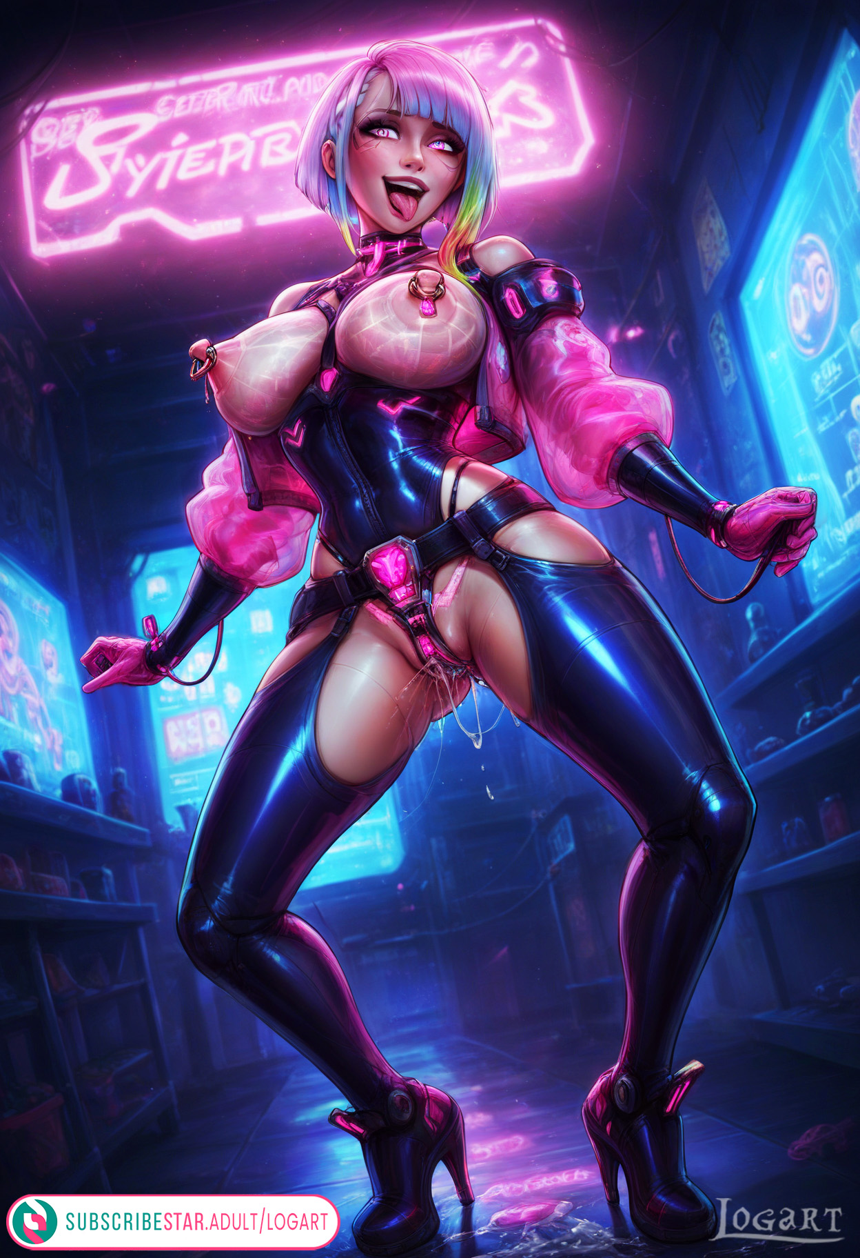 1girls, absurdres, ai generated, android, artist name, attractive, big breasts, breasts, cartoony, cleavage, commentary request, corruption, curvy, cybernetics, cyberpunk, cyberpunk 2077, cyberpunk: edgerunners, cyborg, cyborg girl, detailed, exposed, exposed breasts, female, female focus, female only, high quality, highres, hourglass figure, hypnosis, hypnotic eyes, large breasts, latex, latex clothing, leak, leaked, line art, logart, lucyna kushinada, mechanical, mind break, mind control, moral degeneration, naked, naked female, nipples, nude, nudity, pink eyes, plastic, pony diffusion xl, reprogramming, robot girl, rubber, seductive, sensitive, smile, smiling, solo, stable diffusion, subscribestar, tagme, thick, thick thighs, thighs, watermark, web address