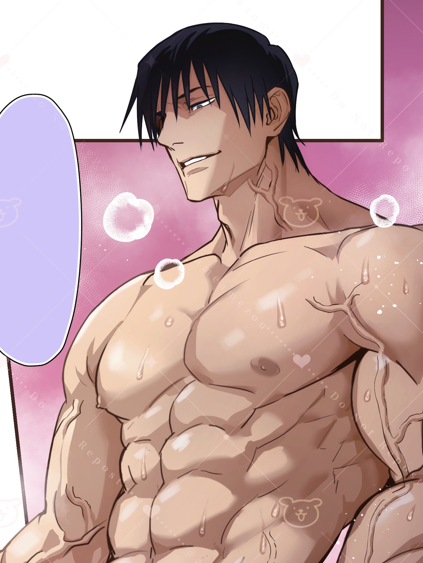 ameamezou, bara, gay, jujutsu kaisen, male, male focus, male only, muscles, muscular, muscular male, toji fushiguro, yaoi