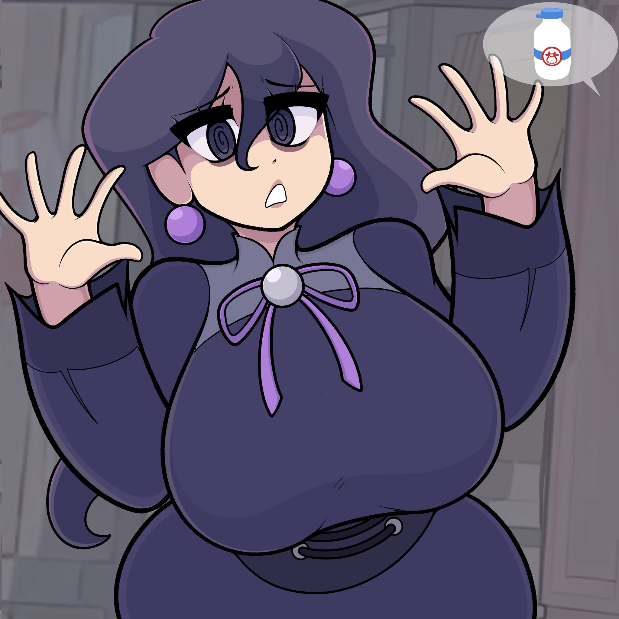 1girls, clothed, female, fully clothed, game freak, hex maniac, hex maniac (pokemon legends: z-a), milk bottle, nintendo, pokemon, pokemon legends: z-a, safe, saltynoodles, solo, solo female, tagme, text bubble