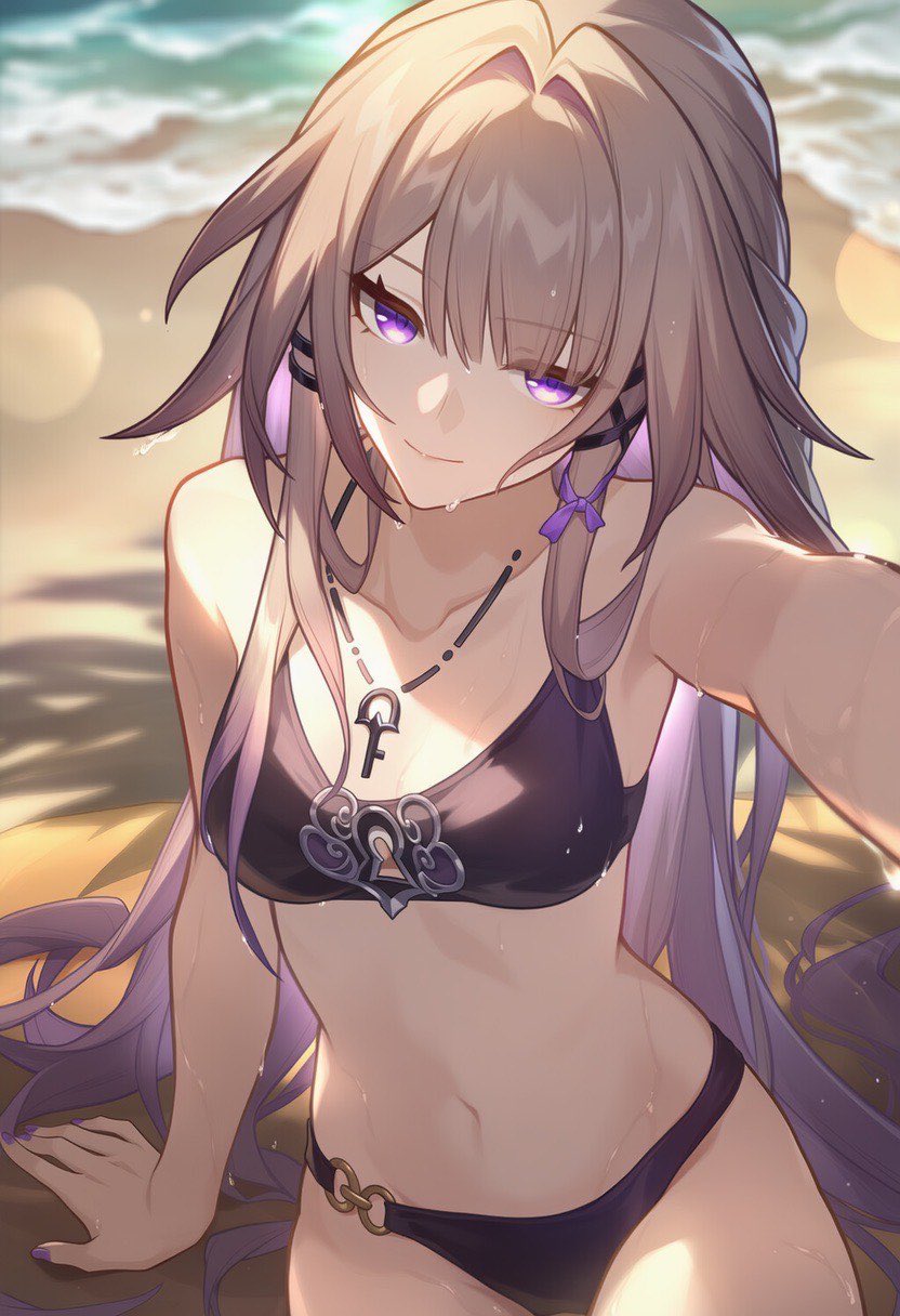 1girls, ai generated, beach, black swimsuit, brown hair, female, honkai: star rail, hoyoverse, long hair, mihoyo, purple eyes, sand, swimsuit, the herta (honkai: star rail)