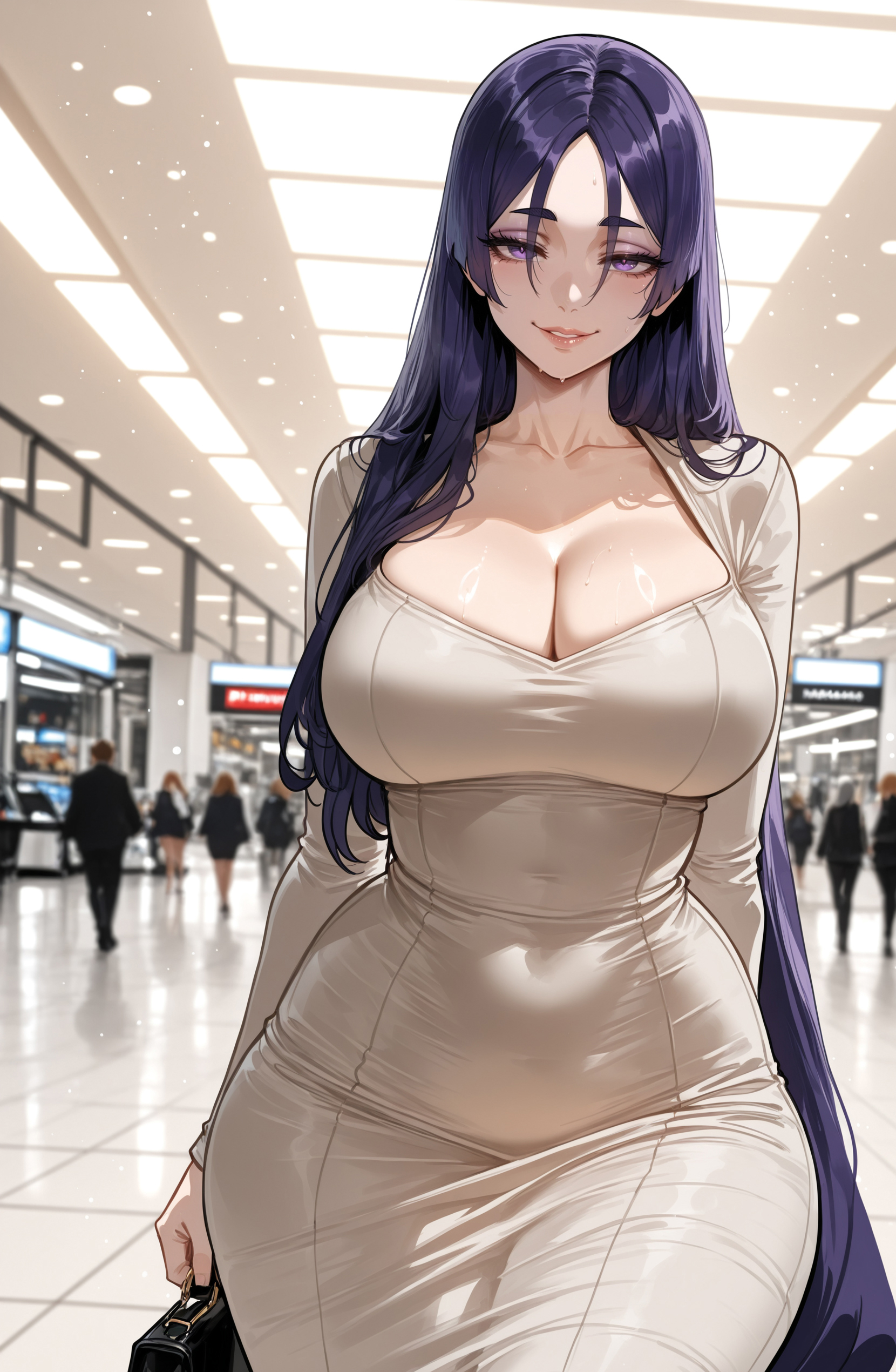 1girls, ai generated, big breasts, breasts, enormous breasts, fate (series), fate/grand order, female, female focus, hips, huge breasts, large breasts, looking at viewer, mature female, milf, minamoto no raikou (fate/grand order), purple eyes, smiling, wide hips