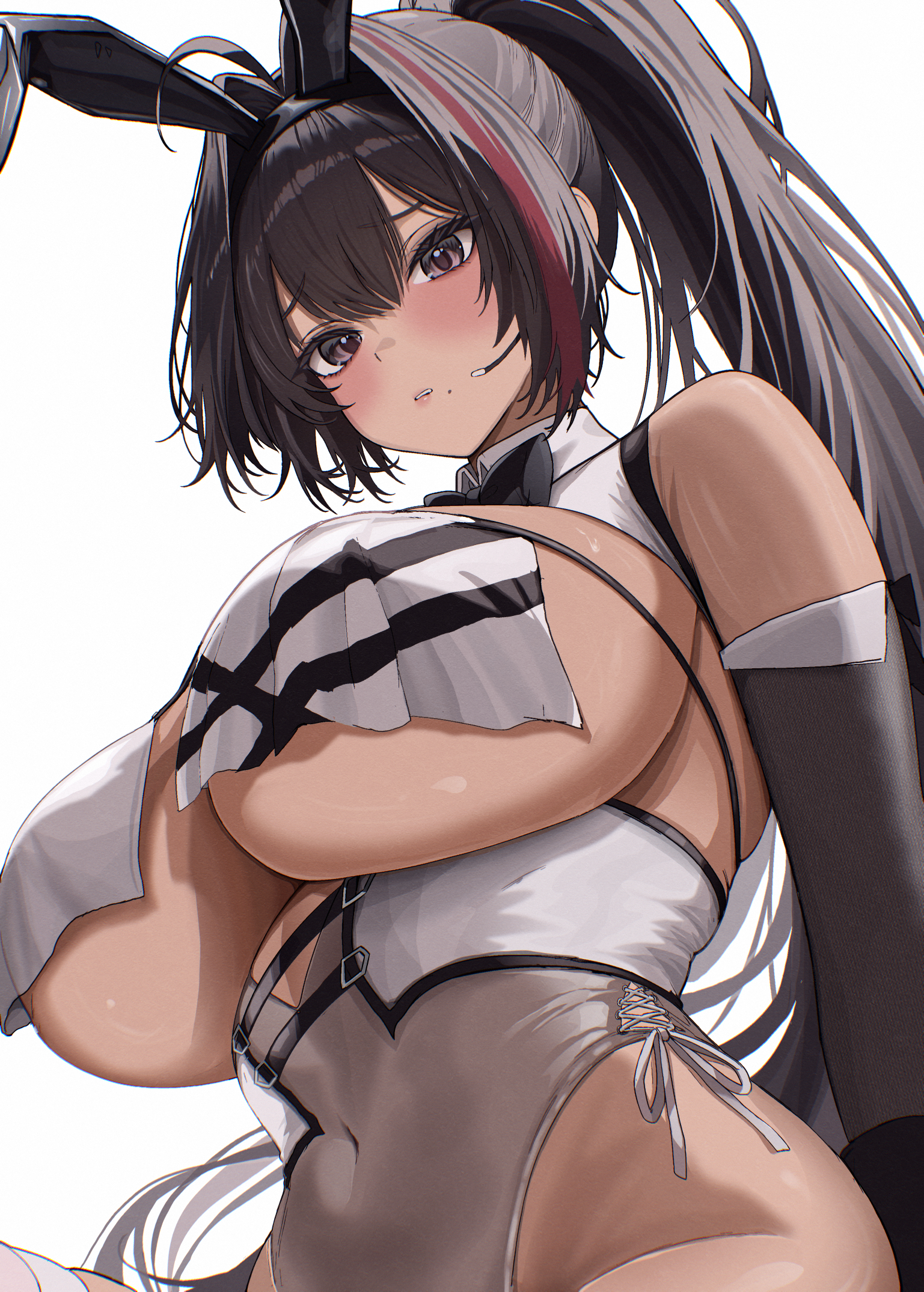 1girls, ahoge, animal ear hairband, animal ears, bare shoulders, bay (nikke), bay (radiant rabbit) (nikke), black bow, black bowtie, black eyes, black hair, blush, bow, bowtie, breast curtains, breasts, covered navel, dark skin, dark-skinned female, fake animal ears, female, female only, from below, grey leotard, hair intakes, hairband, highres, huge breasts, leotard, long hair, mole, mole under mouth, ni tamago sando, ponytail, rabbit ear hairband, rabbit ears, red streaks, simple background, solo, underboob, upper body, very long hair, white background