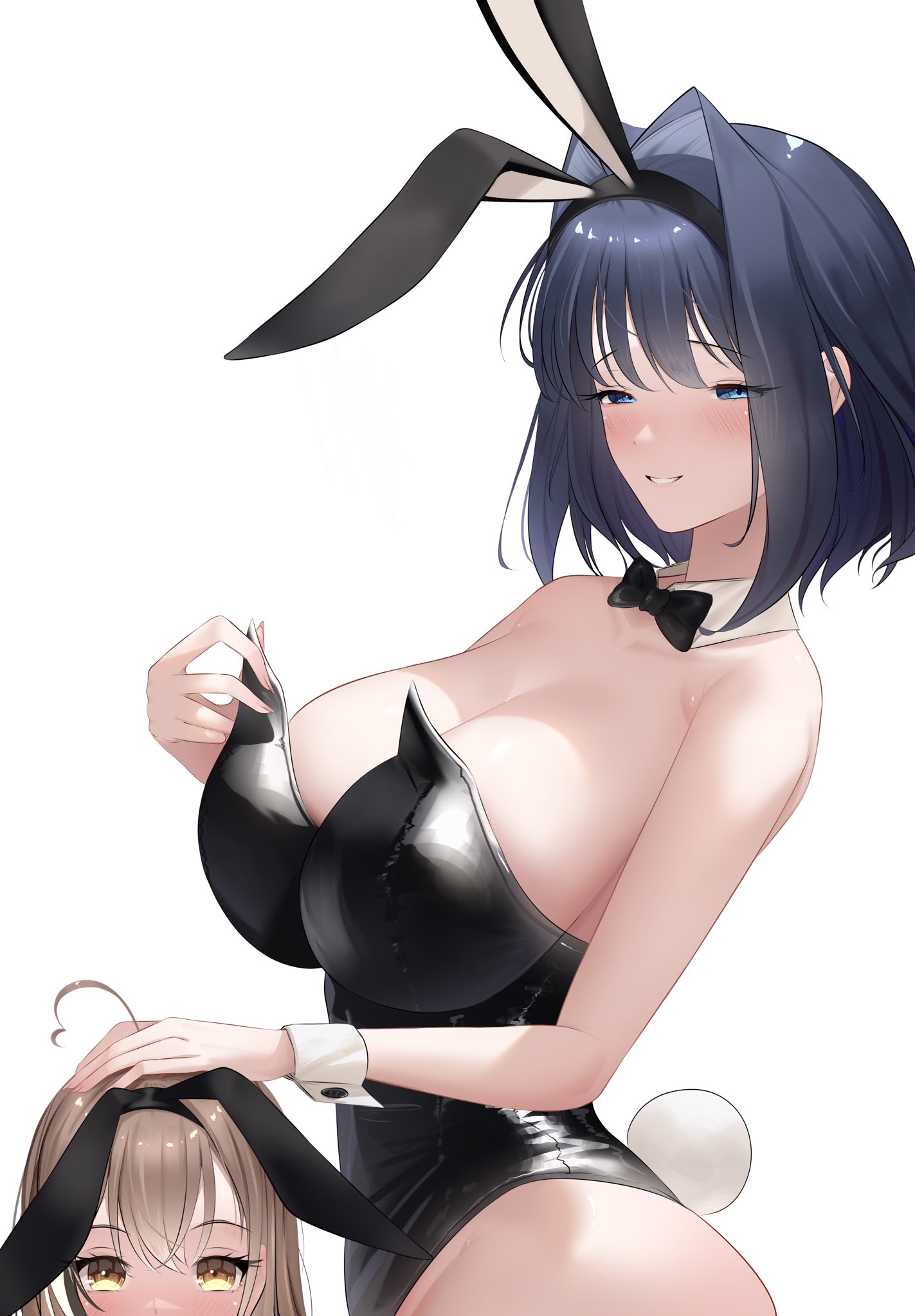2girls, animal ears, black hair, black leotard, blue hair, bow, bowtie, breasts, cleavage, detached collar, fake animal ears, fake tail, female, highres, hololive, hololive english, hololive english -council-, hololive english -promise-, large breasts, leotard, multiple females, multiple girls, nanashi mumei, ouro kronii, playboy bunny, prab, rabbit ears, rabbit tail, simple background, strapless, strapless leotard, tail, virtual youtuber, white background