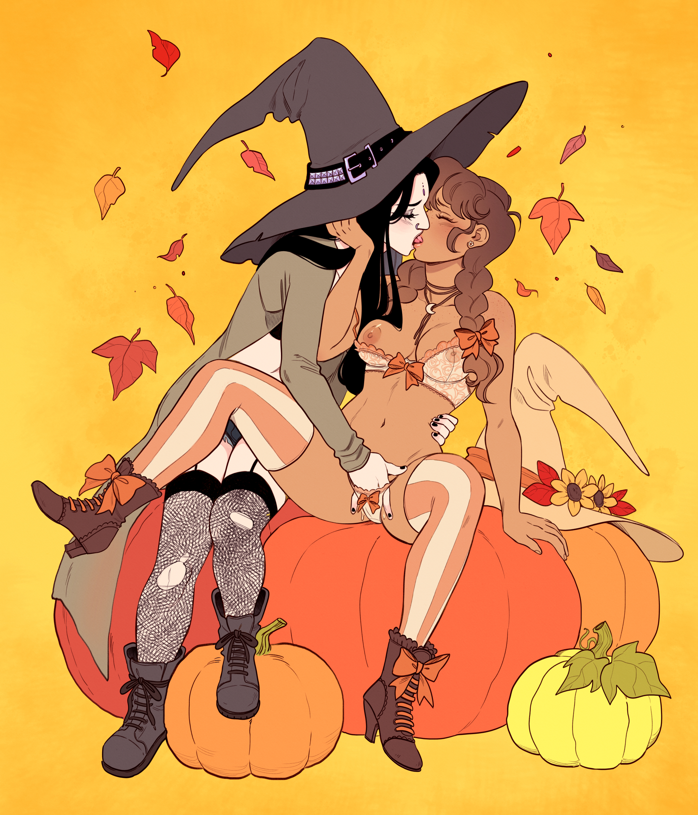 breasts, clothed, clothed female, dark skin, dark-skinned female, deliciest, female, female only, female/female, fingering, hat, interracial, interracial couple, interracial yuri, kissing, lesbian kiss, lesbian sex, light skin, light-skinned female, lingerie, lingerie panties, original characters, partially clothed, pumpkin, pumpkins, sex, underwear, witch hat, yuri