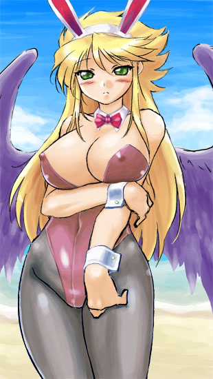 1girls angel_wings beach blonde_hair bowtie breath_of_fire breath_of_fire_ii bunnysuit cleavage clothing collar dr.p erect_nipples erect_nipples_under_clothes fake_animal_ears feathered_wings green_eyes large_breasts leotard long_hair lowres nina_(breath_of_fire_ii) nipples_visible_through_clothing pantyhose playboy_bunny shy wide_hips wings