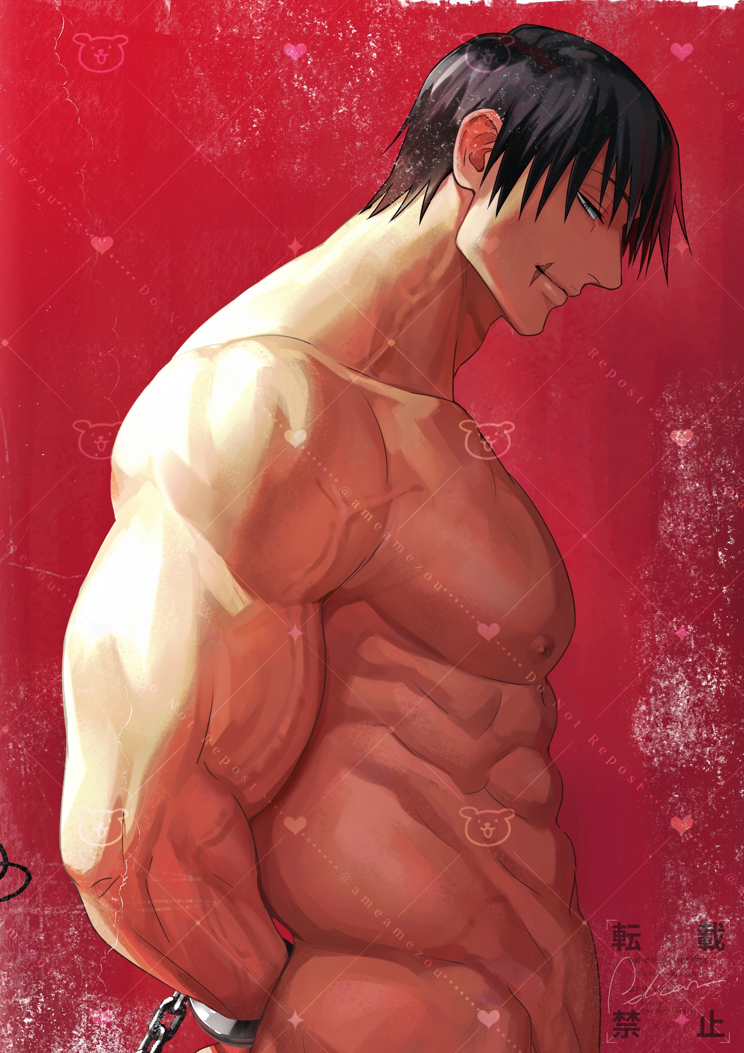 ameamezou, bara, gay, jujutsu kaisen, male, male focus, male only, muscles, muscular, muscular male, toji fushiguro, yaoi