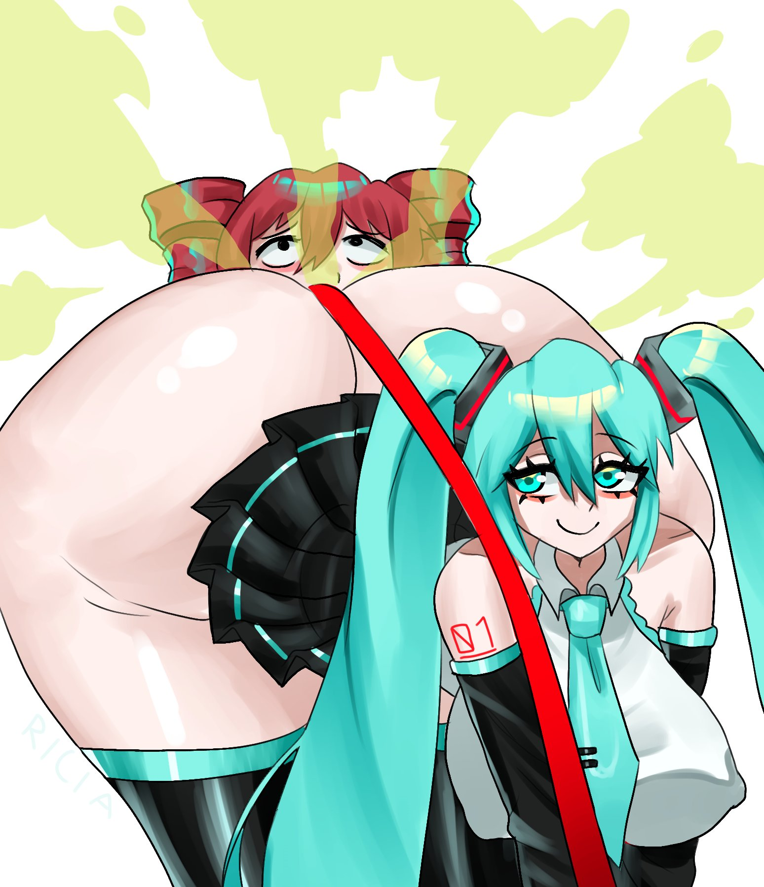 2girls, aqua eyes, aqua hair, ass, bare shoulders, big ass, black skirt, black sleeves, breasts, covered nipples, crossover, detached sleeves, drill hair, fart, fart fetish, female, hatsune miku, hyper ass, kasane teto, large breasts, leash, long hair, makima fart inflation, meme, multiple girls, necktie, no panties, pleated skirt, red hair, shirt, skirt, sleeveless, smile, tattoo, thighhighs, twin drills, twintails, utau, very long hair, vocaloid, yuri