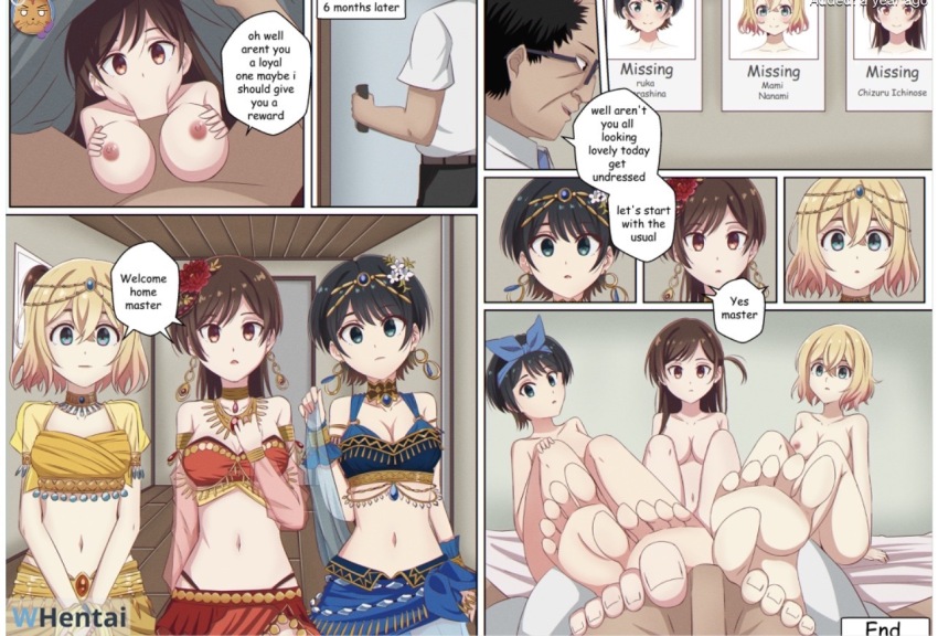 1boy, 2d, 2d (artwork), 3girls, barefoot, bed, big breasts, blowjob, blue eyes, blue hair, boobjob, breasts, brown hair, comic, dialogue, dialogue bubble, feet, feet fetish, feet on face, female, foot fetish, glasses, harem girl, harem outfit, hypnosis, kanojo okarishimasu, male, mind control, missing poster, mizuhara chizuru, multicolored hair, nanami mami, nipples, nude, nyankun, old man, penis, red eyes, sarashina ruka, soles, toes, ugly bastard, vacuum blowjob