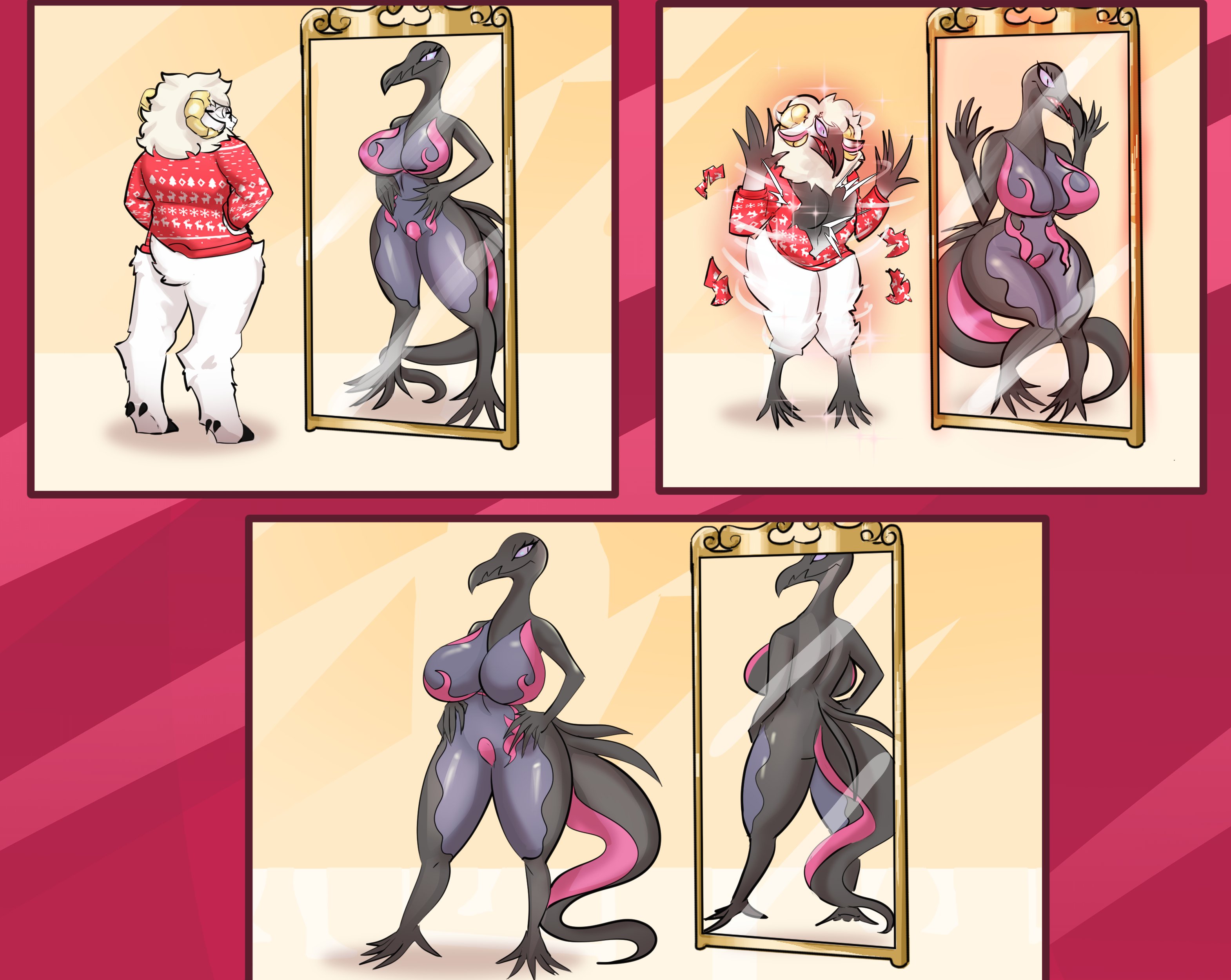 altered reflection, ass, ass expansion, bimbofication, breast expansion, breast growth, breast growth (enlargement), breasts, female, gender transformation, hair loss, huge ass, huge breasts, mind control, mirror, mirror reflection, mtf transformation, pokémon (species), pokemon, pokemon (species), ripped clothing, salazzle, species transformation, thick thighs, thigh expansion, topless, transformation, transformation sequence, wide hips