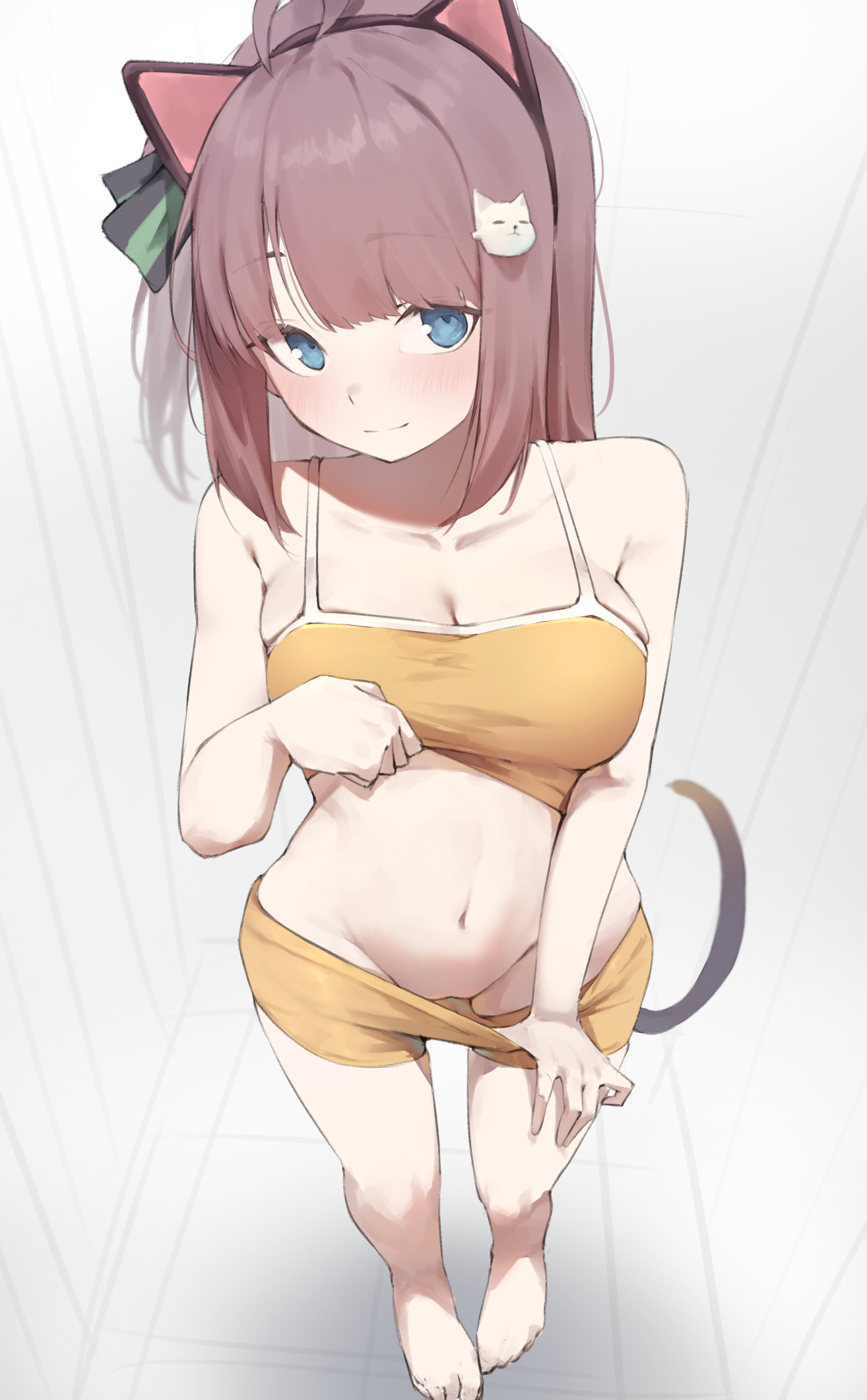 1girls, animal ears, bare shoulders, belly button, blue eyes, blush, booty shorts, bra, breasts, brown hair, cat ears, cat tail, female, female focus, female only, hololive, looking at viewer, ma matsuri, navel, pussy, smile, standing, stomach, theflatfacadeds, virtual youtuber, xaea xp
