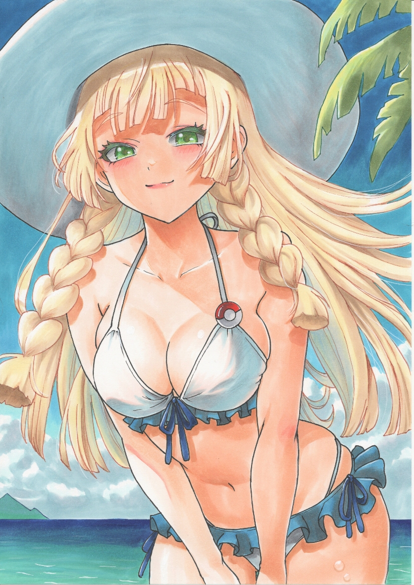 1girls, alternate breast size (larger), bikini, blonde hair, braid, breasts, closed mouth, cloud, collarbone, commentary request, day, eyelashes, female, female only, green eyes, hat, huge breasts, large breasts, leaning forward, lillie (pokemon), long hair, marker (medium), navel, nintendo, outdoors, pokemon, pokemon sm, sky, smile, solo, summer, sun hat, swimsuit, tomo115, traditional media, twin braids, water