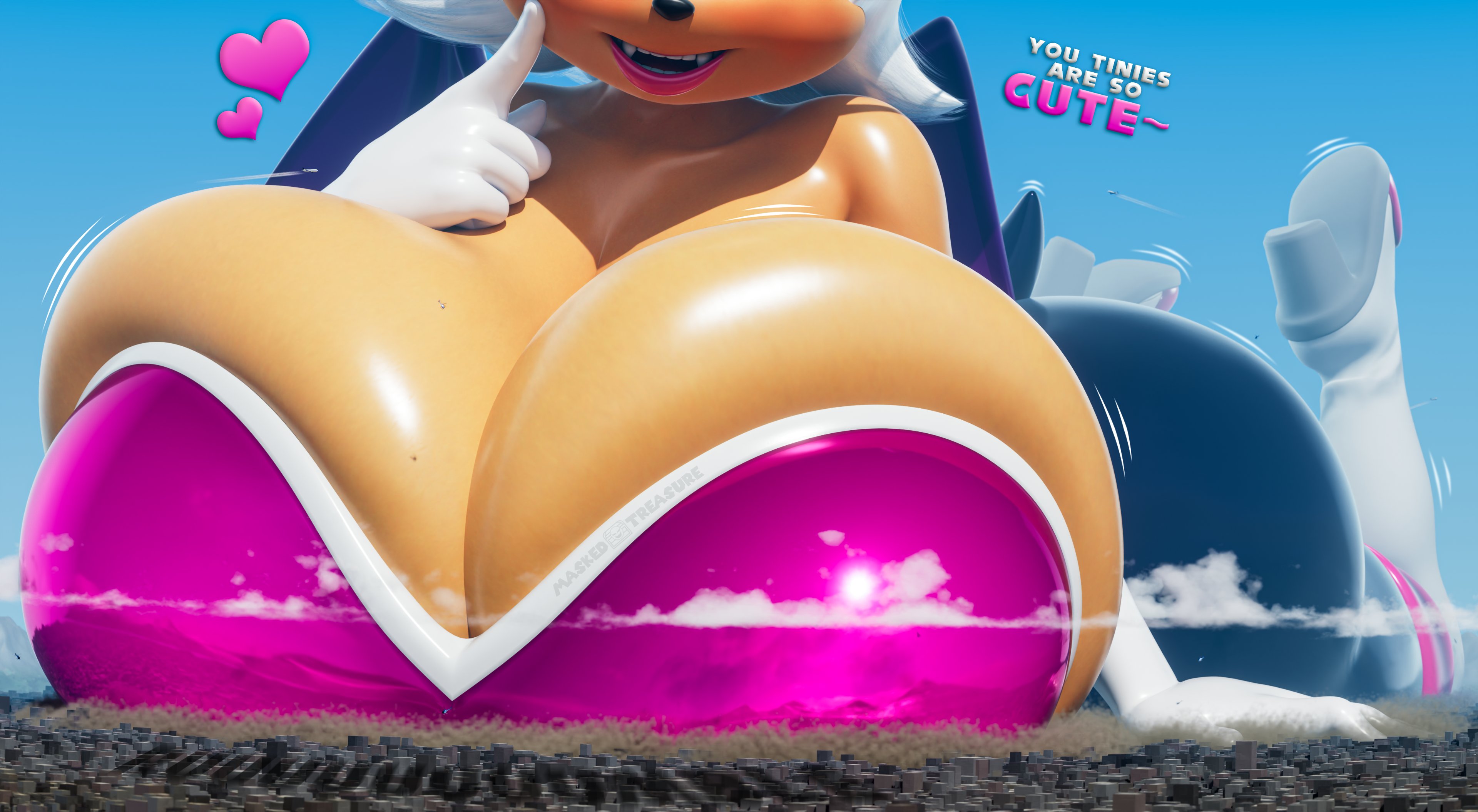 1girls, 3d, 3d (artwork), 3d model, 3d render, bat, big ass, big breasts, big butt, breasts, clouds, female, female only, giant breasts, giantess, gigantic breasts, high heel boots, huge breasts, maskedtreasure, massive breasts, mobian, mobian (species), mobian bat, nottanj, pink lipstick, rouge the bat, rouge the bat (nottanj), sega, solo, solo female, sonic (series), sonic adventure 2, sonic the hedgehog (series), talking, text