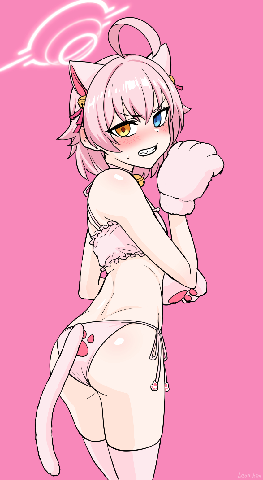 annoyed, antenna hair, artist name, ass, bell, blue archive, blue eyes, blush, bra, cat lingerie, clenched teeth, dot nose, embarrassed, feet out of frame, female, female focus, flat chest, from behind, gloves, halo, hands up, heterochromia, hoshino (blue archive), humiliation, jingle bell, kimleon, looking at viewer, looking back, neck bell, panties, paw pose, pink background, pink bra, pink gloves, pink hair, pink halo, pink panties, pink thighhighs, short hair, simple background, solo, standing, teeth, thighhighs, underwear, yellow eyes