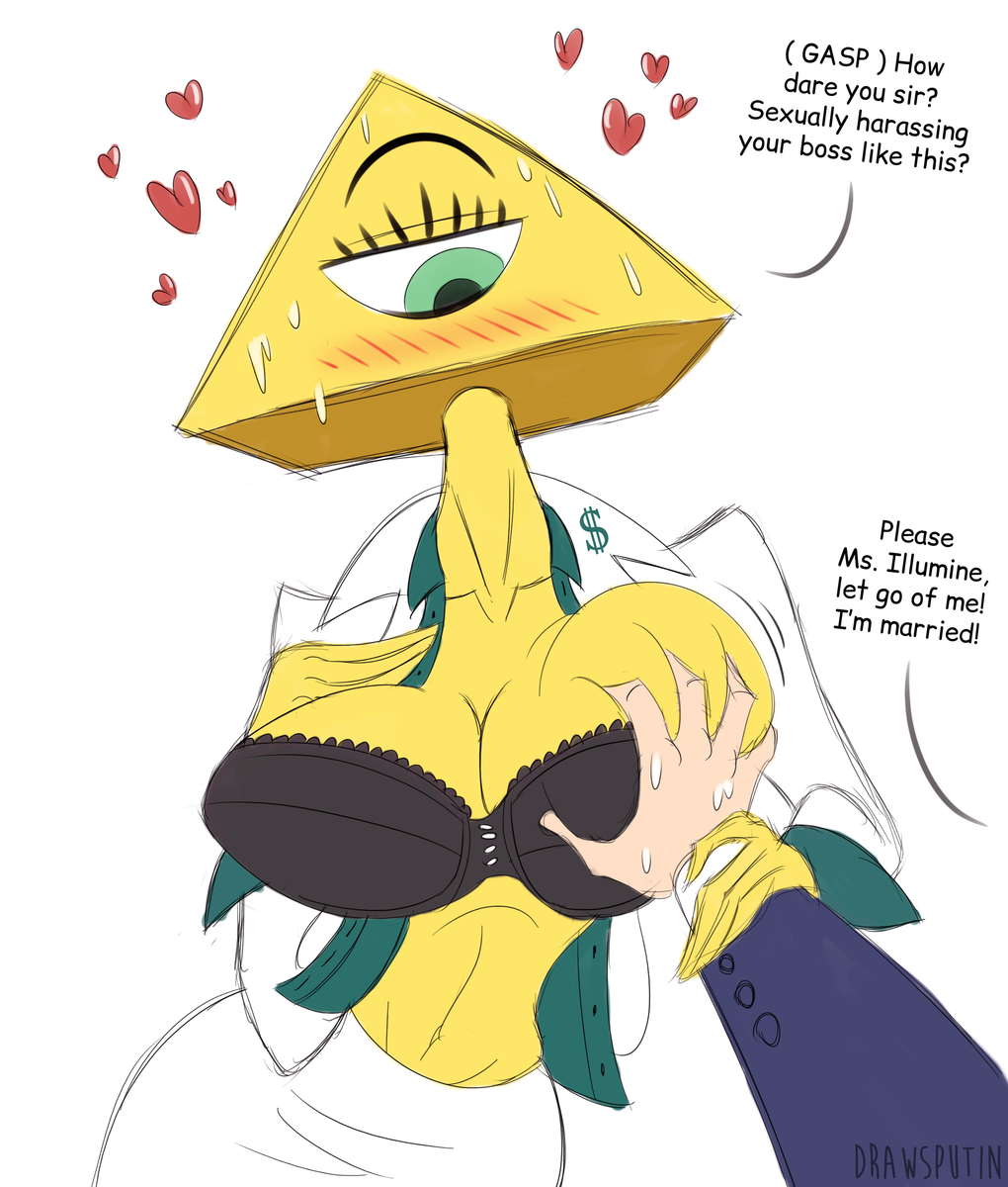 1boy, 1girls, blush, blush lines, bra, clavicle, cleavage, cleft of venus, drawsputin, forced to grope, frilled bra, green eyes, hand on breast, heart, holding, large breasts, ms. illumine, navel, nonconsensual, one eye, open shirt, original, pyramid, speech bubble, sternocleidomastoid, sweat, tagme, text, underwear, voluptuous, wide hips, yellow body