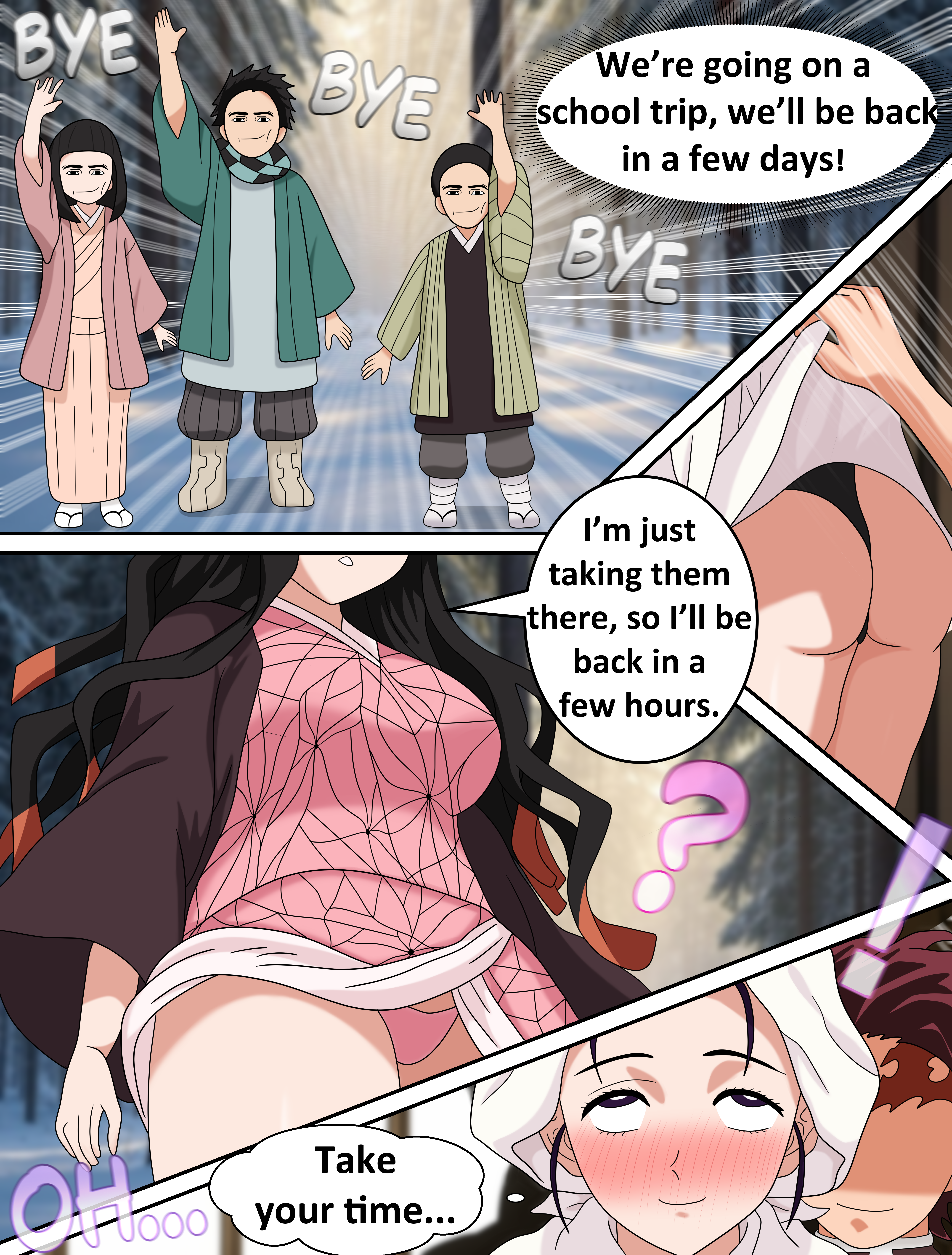 1boy, 2girls, black hair, black-haired female, demon slayer, female, incest, kamado kie, kamado nezuko, kamado tanjirou, kimetsu no yaiba, male, thighs, xvanana100