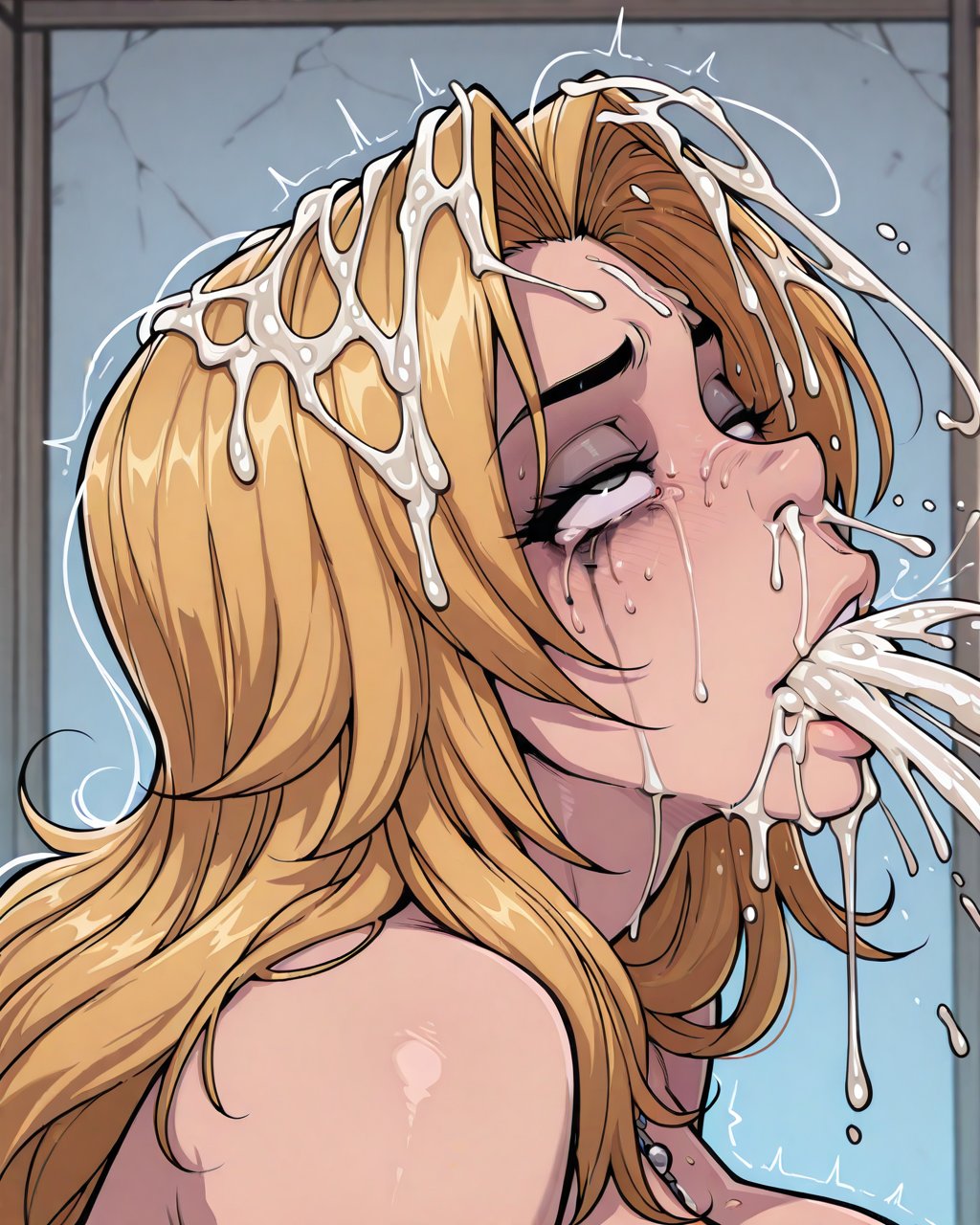 ai generated, cum in mouth, cum in nose, cum on face, cum on hair, cum vomit, defeated, female, kinia, matsumoto rangiku, ruined makeup, tears