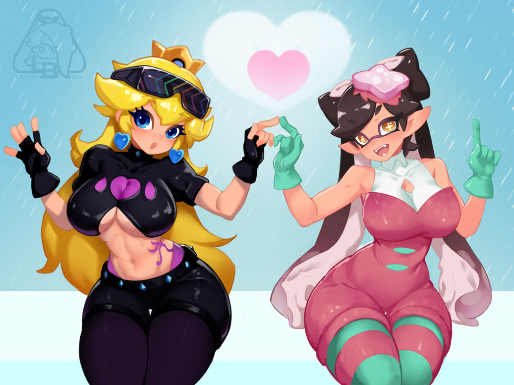 :o, 2girls, artist logo, belt, black gloves, black shirt, black shorts, blonde hair, blue background, blue eyes, bow, bow-shaped hair, breasts, brown hair, callie (octo idol outfit) (splatoon), callie (splatoon), callie (splatoon) (cosplay), callie (springfest) (splatoon), collar, contrapposto, cosplay, cowboy shot, cowlick, crop top, crown, curvy, dress, earrings, eye mask, eyelashes, eyewear on head, fangs, feet out of frame, female, fingerless gloves, fish (food), food, food on head, gloves, gradient hair, hat, heart, heart earrings, hypnoshades (splatoon), inkling, jewelry, large breasts, little blood, little123blood, logo, long hair, long pointy ears, looking at viewer, mario (series), midriff, multicolored hair, multiple females, multiple girls, navel, nintendo, object on head, octopus tattoo, official alternate costume, open mouth, padded shoulders, panties, panty straps, pantyhose, pink dress, pink hat, pink leaf, pink panties, pink romper, pink shiso leaf, pink tattoo, pointy ears, princess peach, puffy short sleeves, puffy shorts, puffy sleeves, sashimi, shirt, short eyebrows, short shorts, short sleeves, shorts, simple background, smile, spiked collar, spiked waistband, spikes, splatoon, splatoon (series), splatoon 2, spotted hair, standing, star (symbol), star-shaped pupils, stomach tattoo, striped clothes, striped pantyhose, studded belt, studded collar, suction cups, sunglasses, swept bangs, symbol-shaped pupils, tattoo, tentacle hair, thick eyebrows, twintails, two-tone hair, underboob, underwear, very long hair, w arms, wide hips, yellow eyes, yellow pupils
