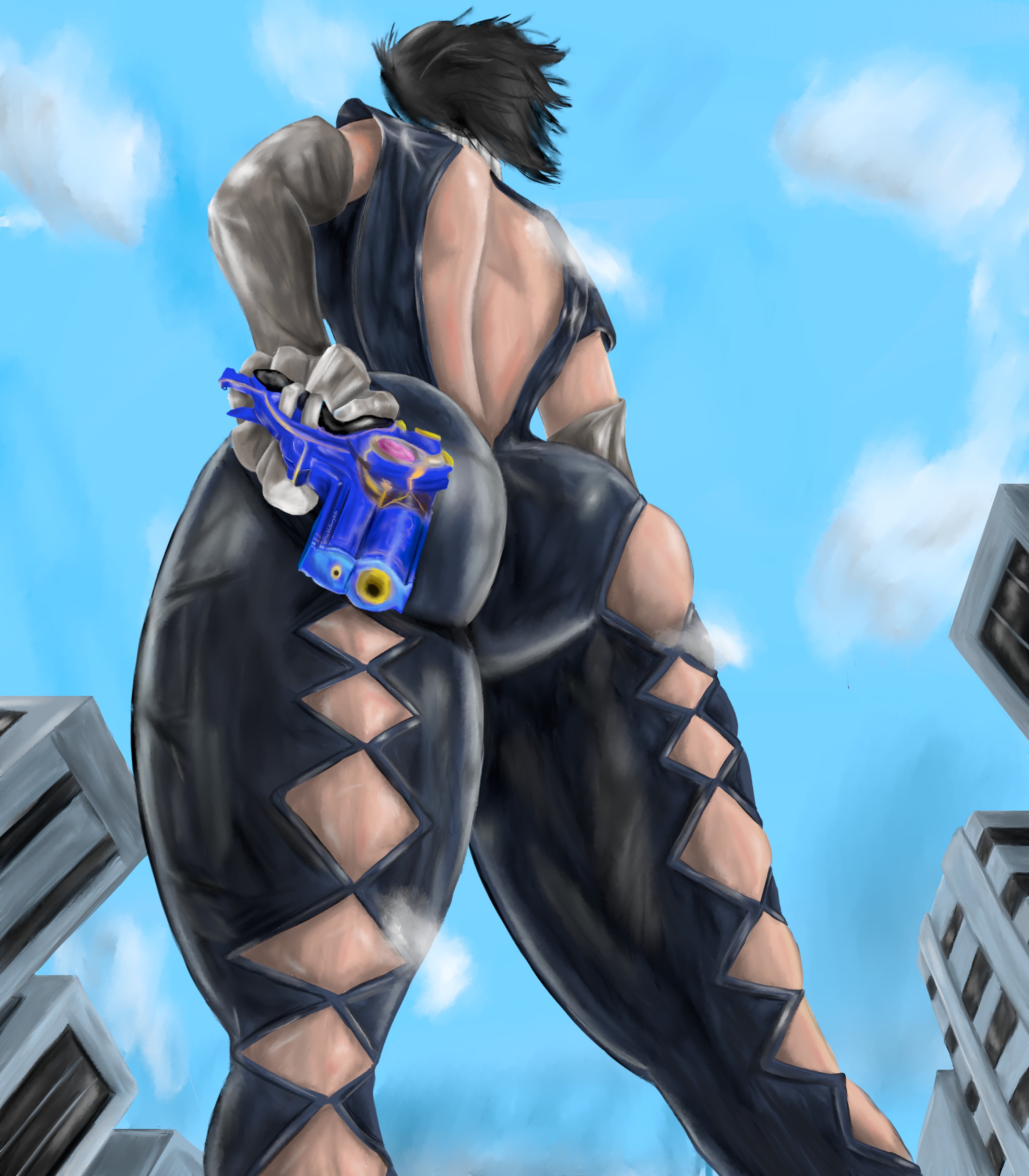 back view, backboob, bayonetta, bayonetta (character), bigger female, black hair, breasts, female, giant breasts, giantess, goddess, gun, huckleberry8181, huge ass, huge breasts, nintendo, perfect body, sega, smug, solo, solo female, thick, thick ass, thick legs, thick thighs, witch