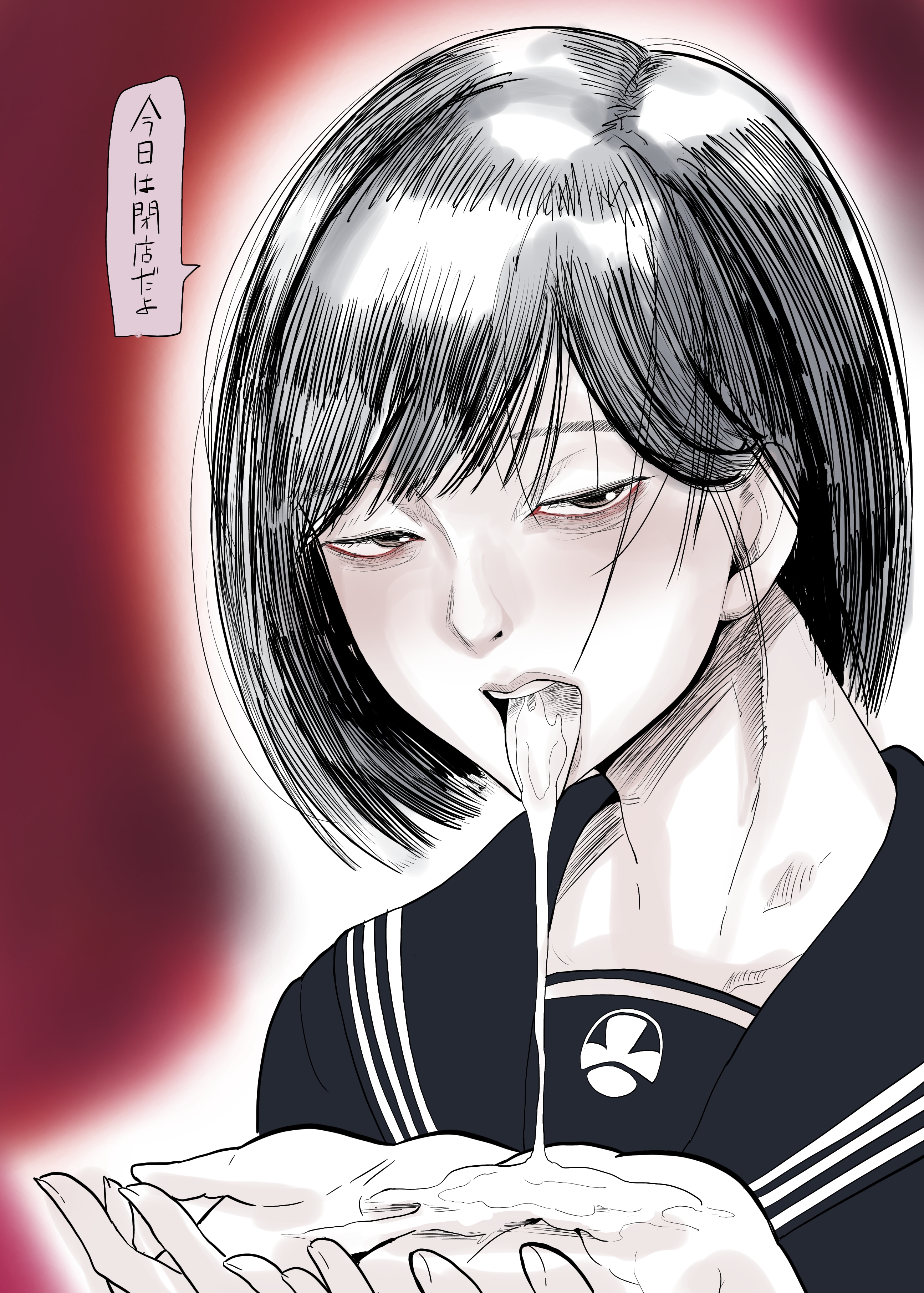 1girls, after blowjob, asian, black hair, blowjob, cum, cum drip, cum in mouth, cupped hands, cupping hands, excessive cum, female, hands, hands up, hinako shimizu, human, jimiko, konami, looking at viewer, open mouth, pale skin, short hair, silent hill, silent hill f, tongue, tongue out, ubikitas