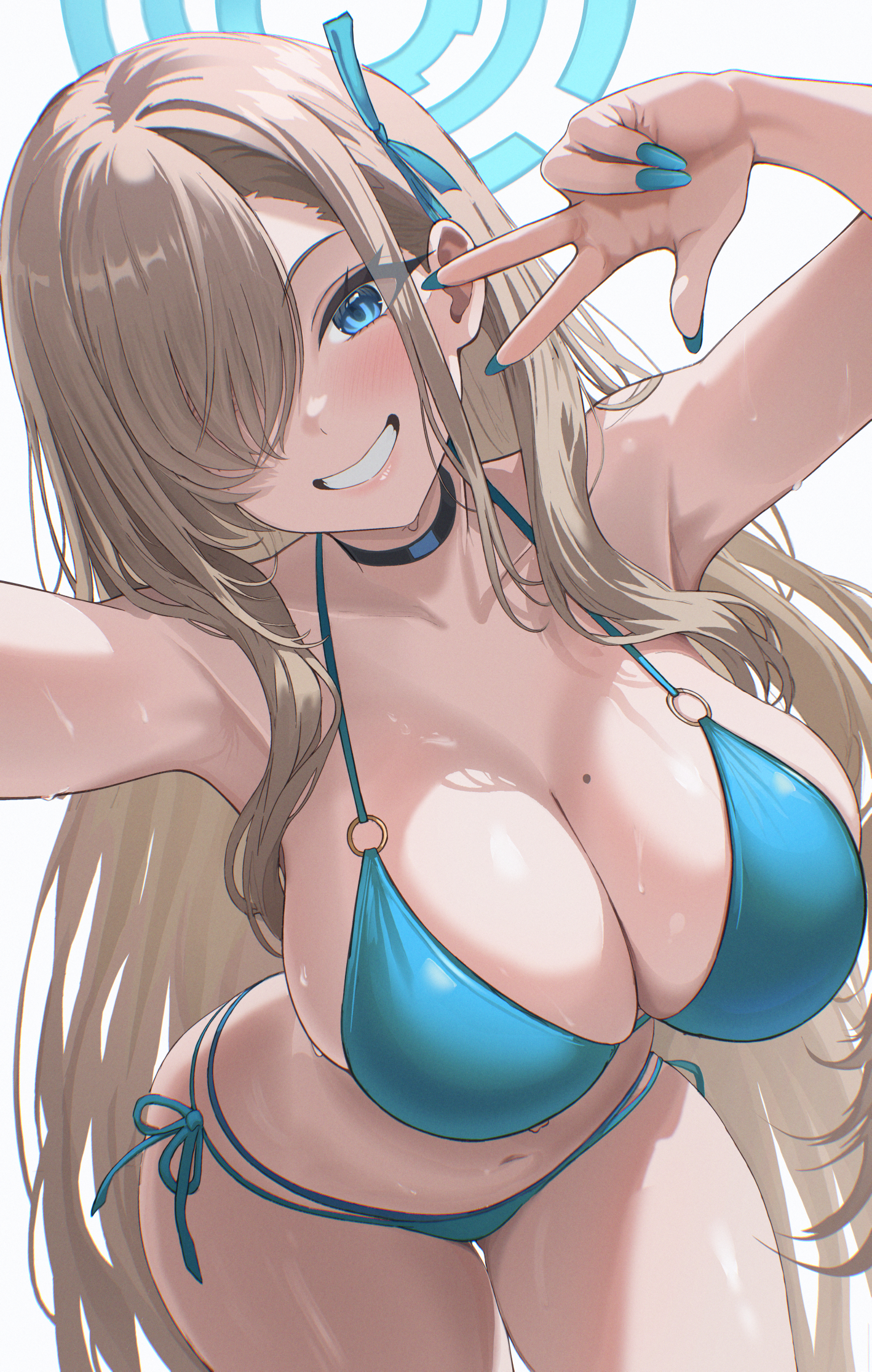 aqua halo, armpits, arms up, asuna (blue archive), bikini, black choker, blue archive, blue bikini, blue eyes, blue ribbon, blush, breasts, choker, cleavage, collarbone, commentary, female, female only, grin, hair ornament, hair over one eye, hair ribbon, halo, halterneck, highres, large breasts, long hair, looking at viewer, mole, mole on breast, navel, ni tamago sando, o-ring, o-ring bikini, one eye covered, ribbon, side-tie bikini bottom, simple background, smile, solo, string bikini, swimsuit, w, white background